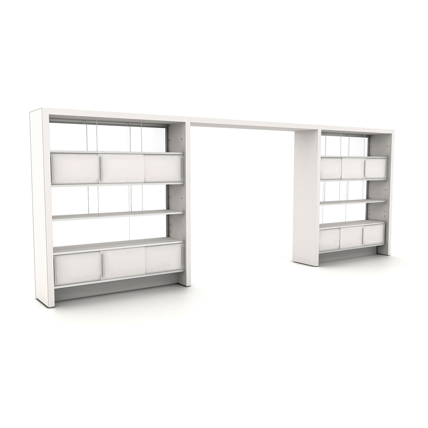 Haworth Patterns Architectural Workspace in mock office setting and shelving unit in a white color