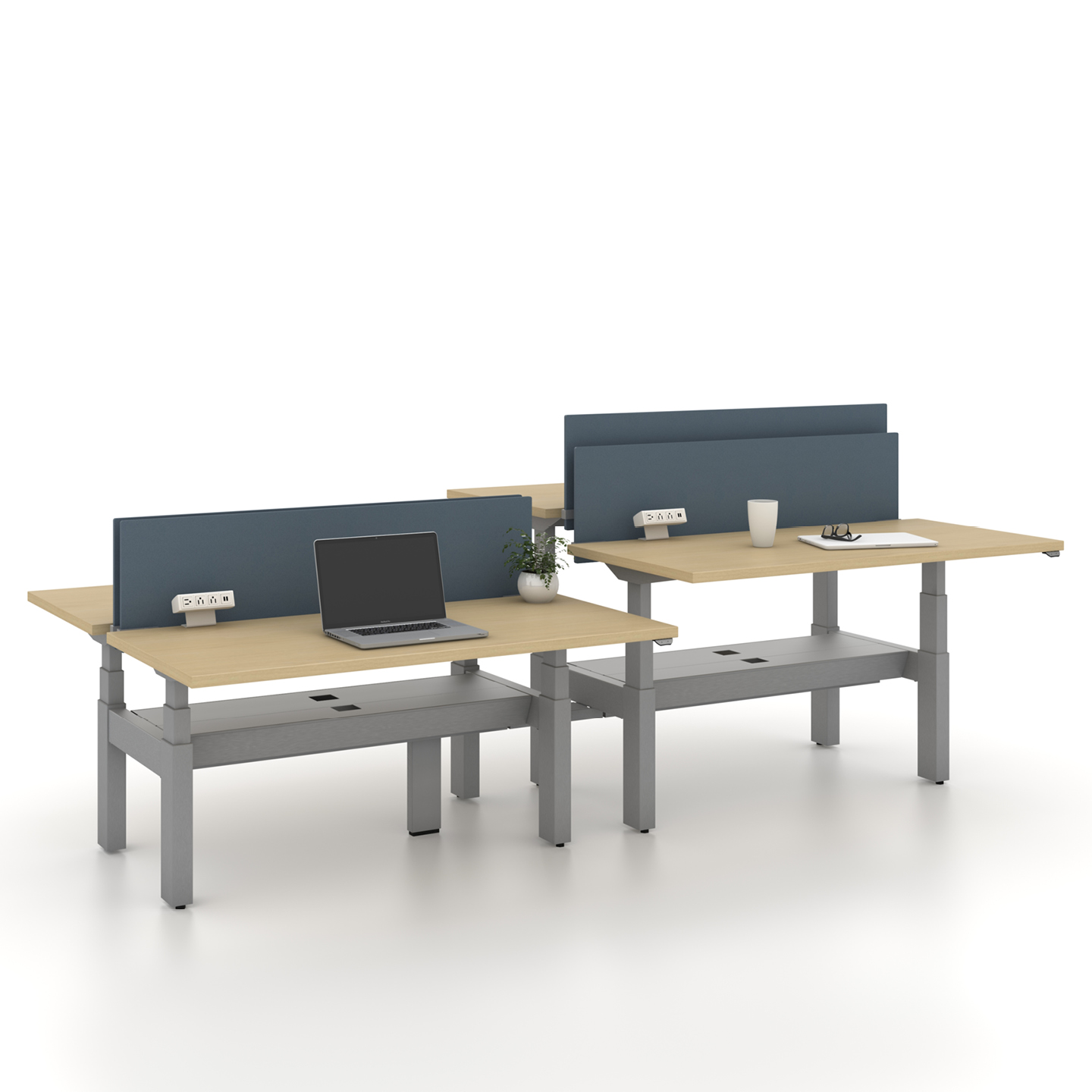 Haworth Planes LT Height Adjustable Benching Workspace veneer desks in office mock up with blue dividers between desks and one is raised