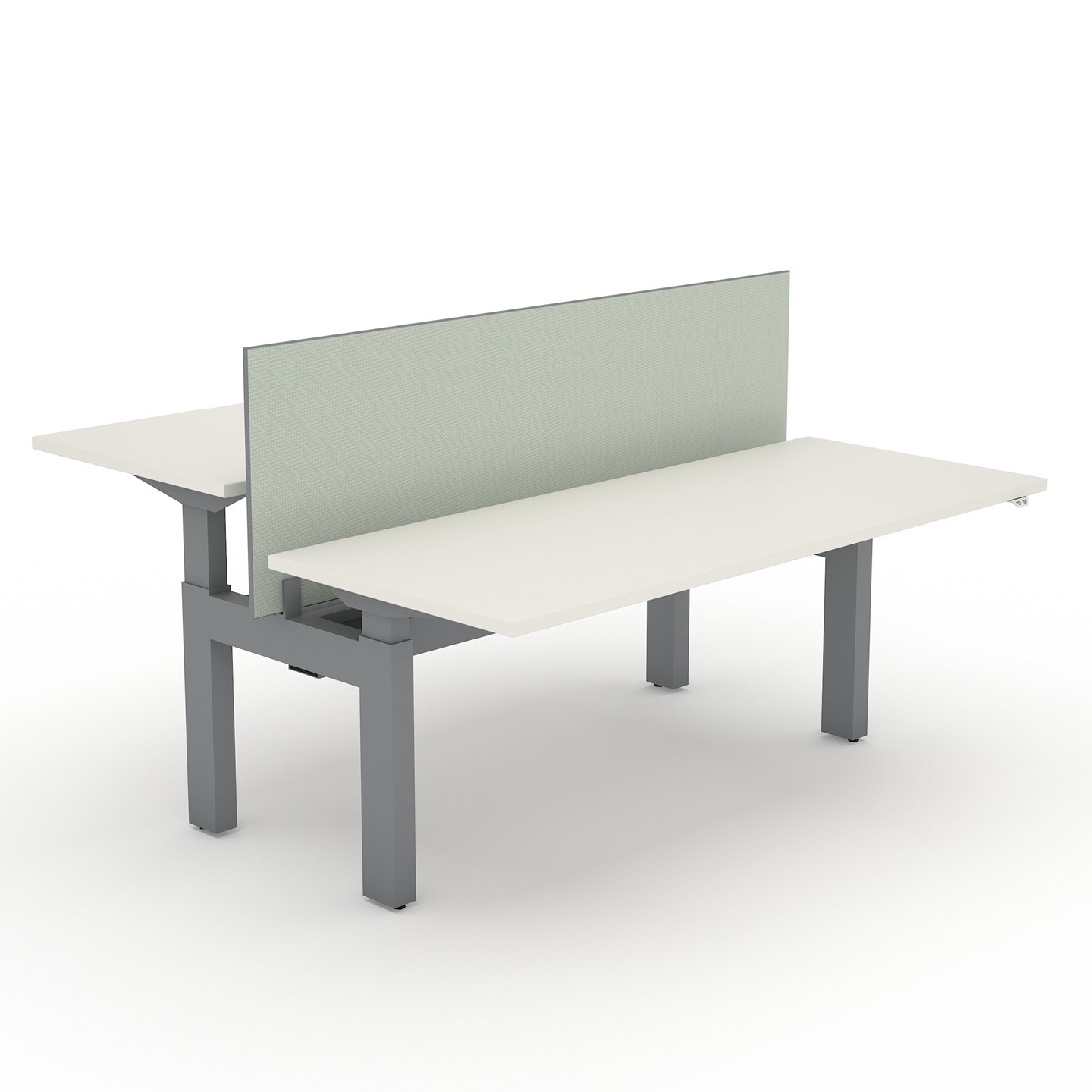 Haworth Planes Value Model Height Adjustable Benching Workspace with 2 white height adjustable desk and one is raised and a grey divider between them