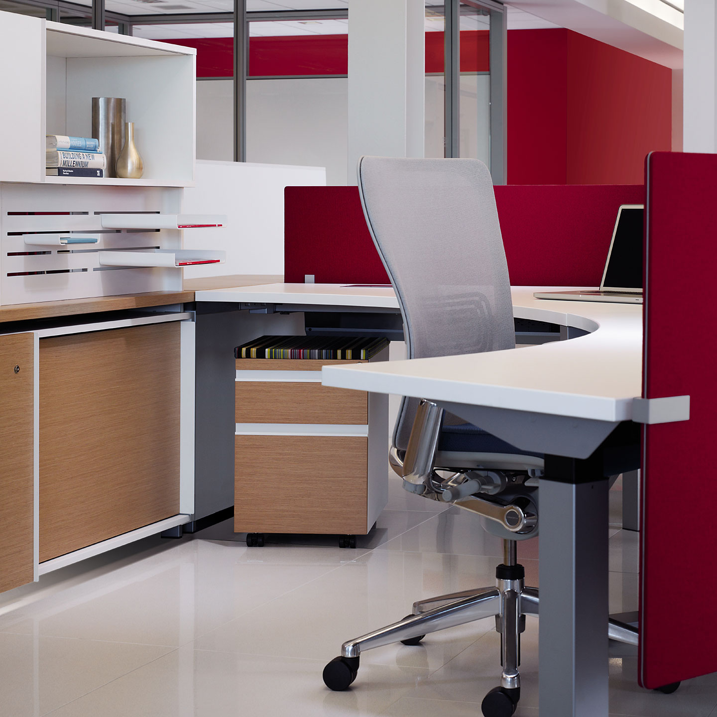 Haworth Premise workspace in a closed office area for work with storage and shelving 