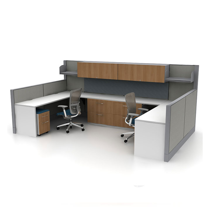 Haworth Premise Workspace in mock office space with 2 desks for work and storage units with half walls for privacy