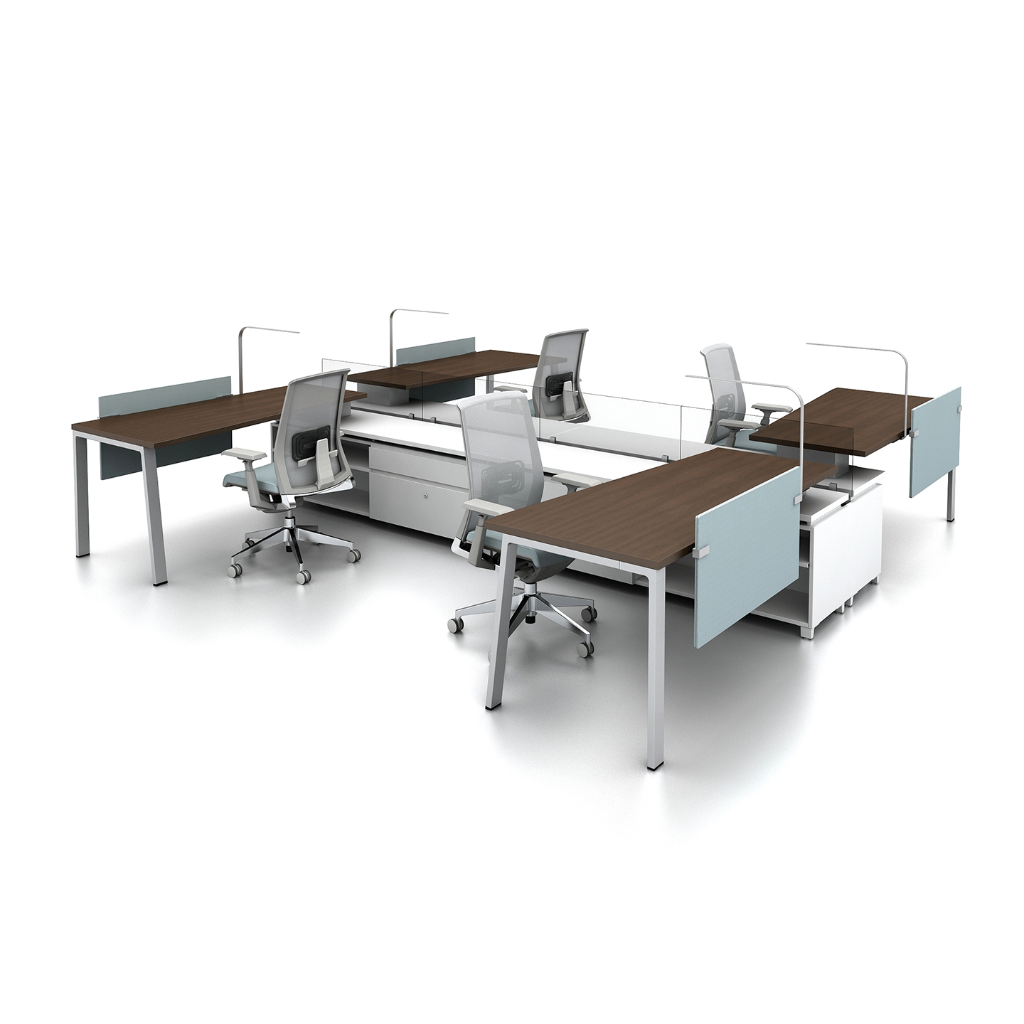 Haworth Reside Workspace in mock office areas with 4 wood desks and privacy wall in front of the desks