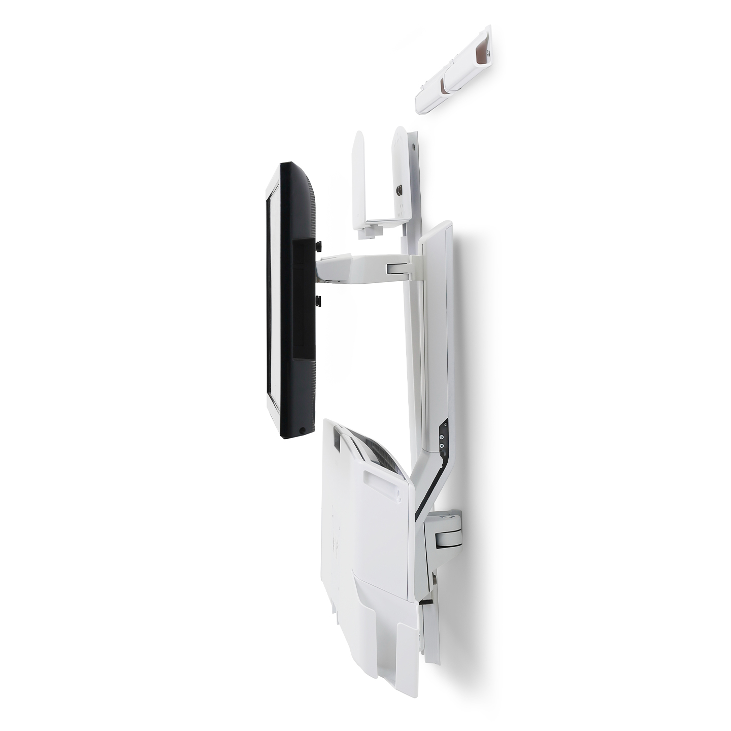 Haworth StyleView Sit to Stand Workspace folded up against wall with monitor in white color