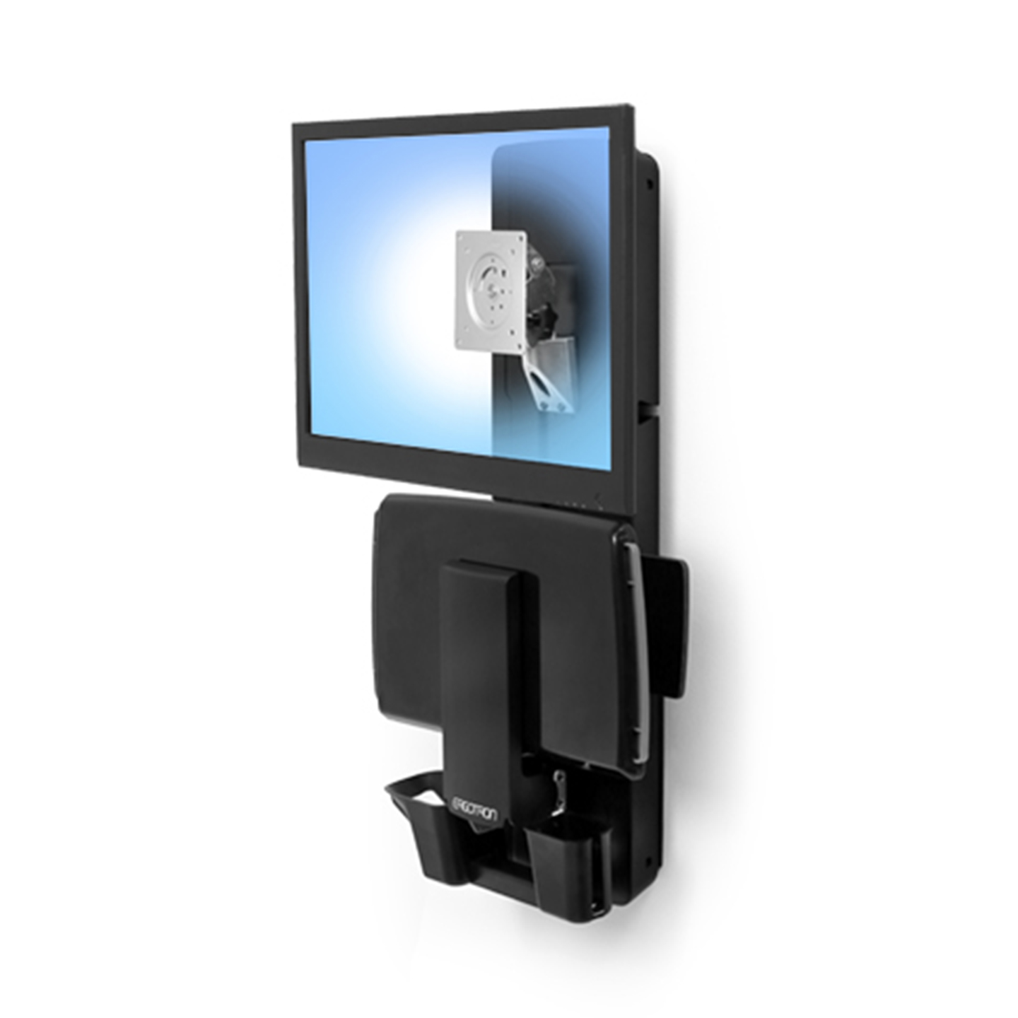 Haworth StyleView Sit to Stand Workspace in black color folded up against wall