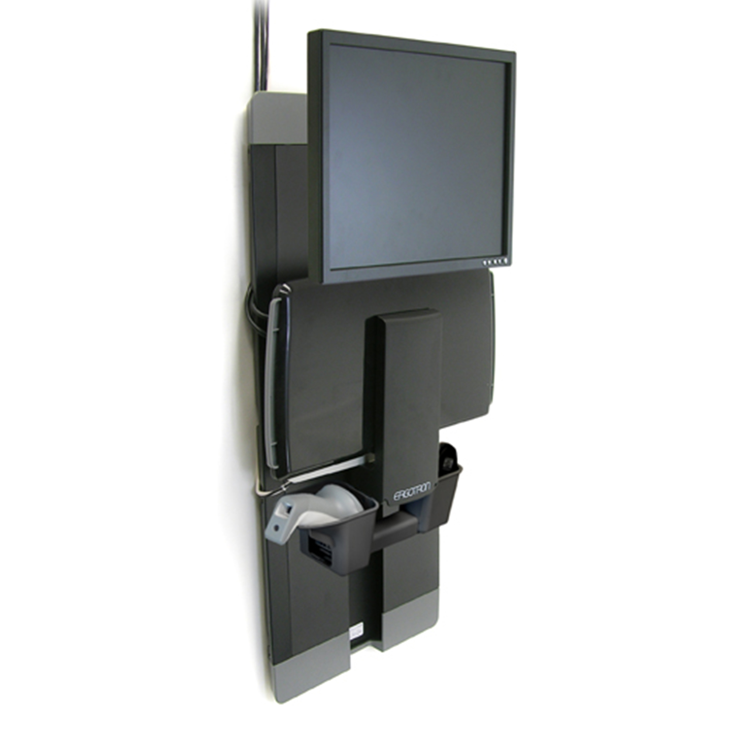 Haworth StyleView Sit to Stand Workspace in black color folded up against wall 