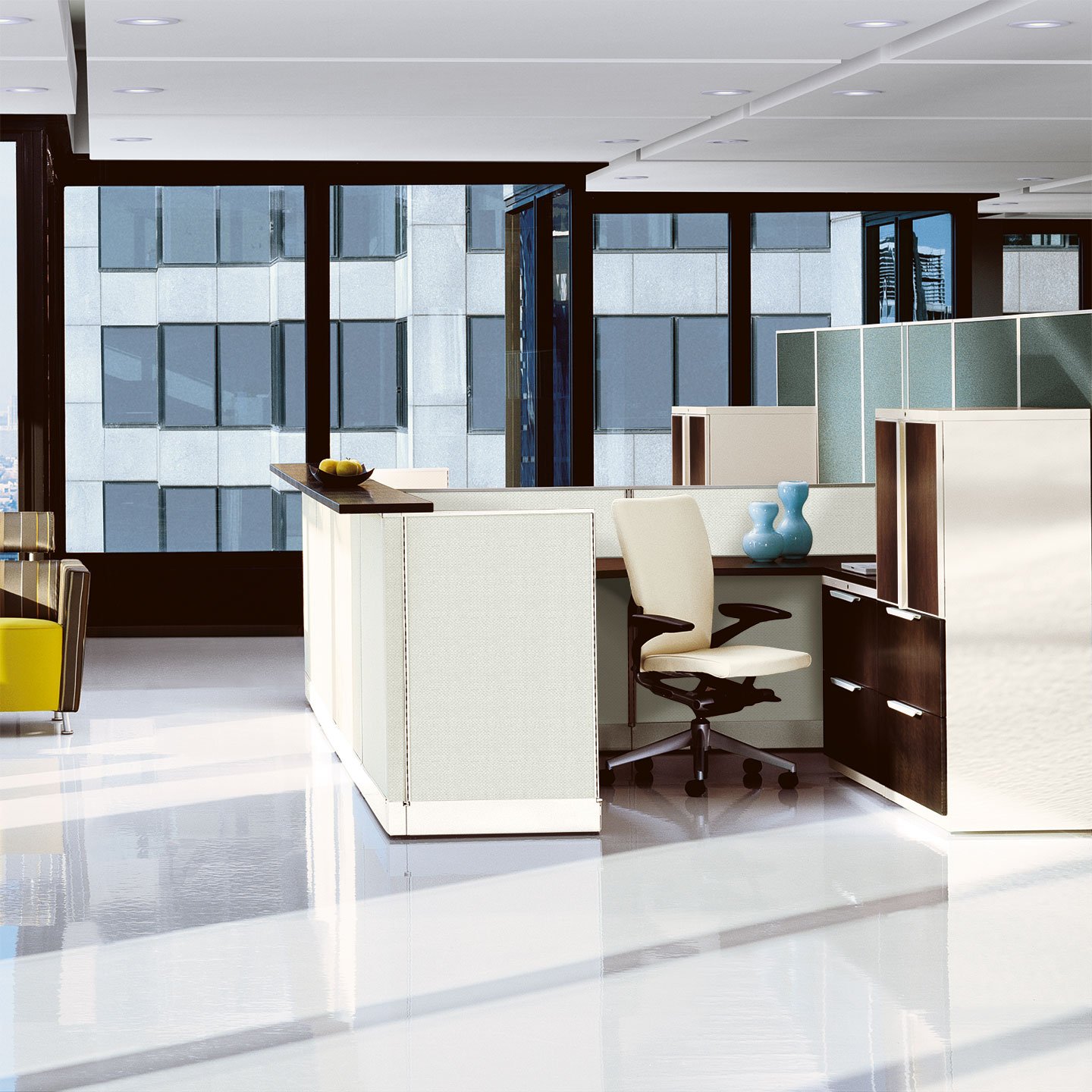 Haworth Unigroup Too Workspace in open office setting with white chair and white privacy walls 