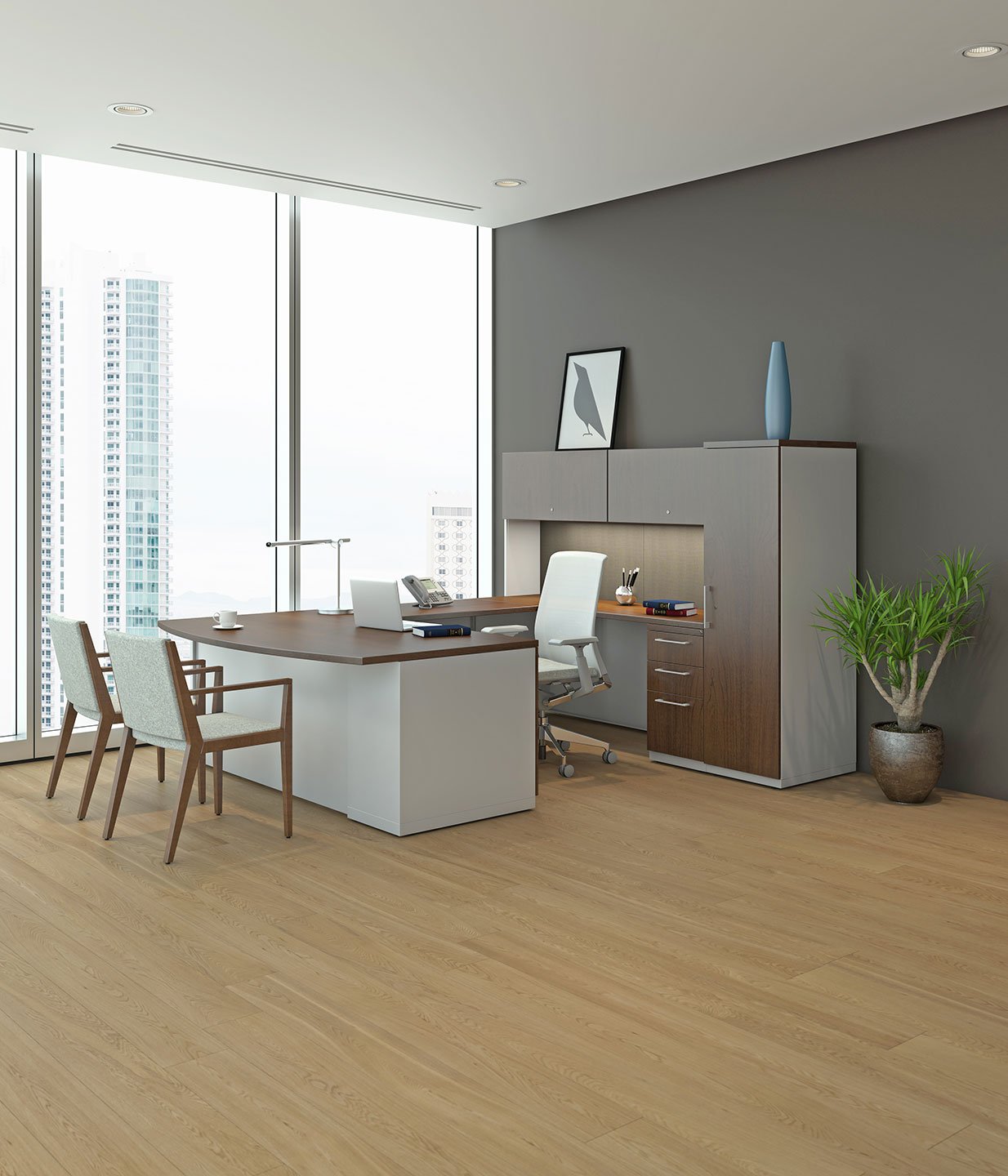 Haworth X Series Desk in dark wood color in a private executive office overlooking city with white chair at desk