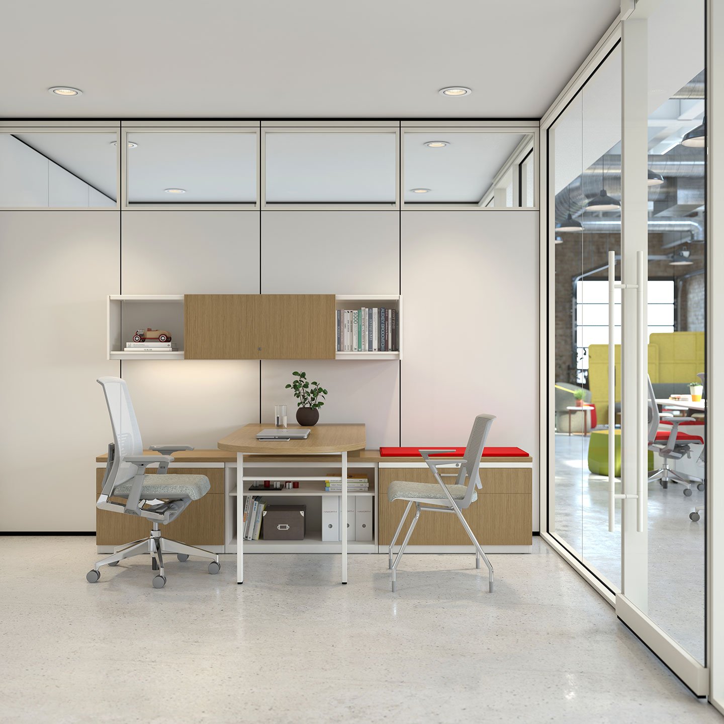 Haworth X Series Desk in maple color with private glass walls and grey chairs on desk