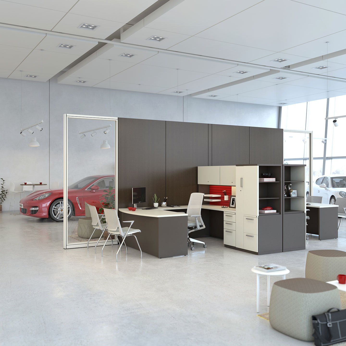 Haworth X Series Desk in dealship open office concept with cars and white desk with semi private wall dividing show room