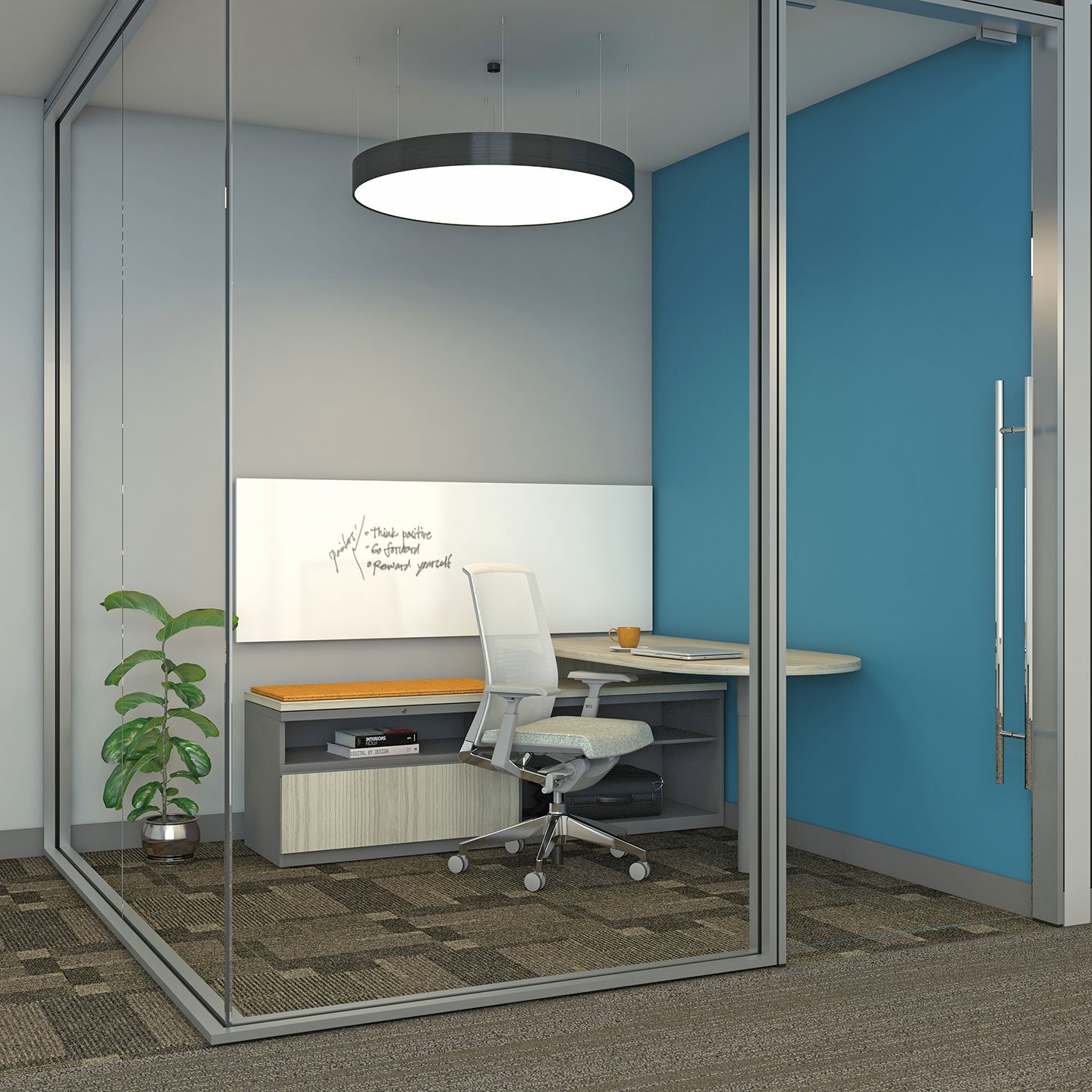 Haworth X Series Desk in white color in private office space with glass walls for privacy and white board for work