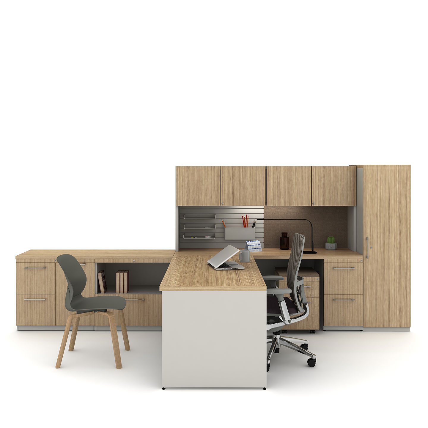 Haworth X Series Desk in maple color with private executive desk mock up 