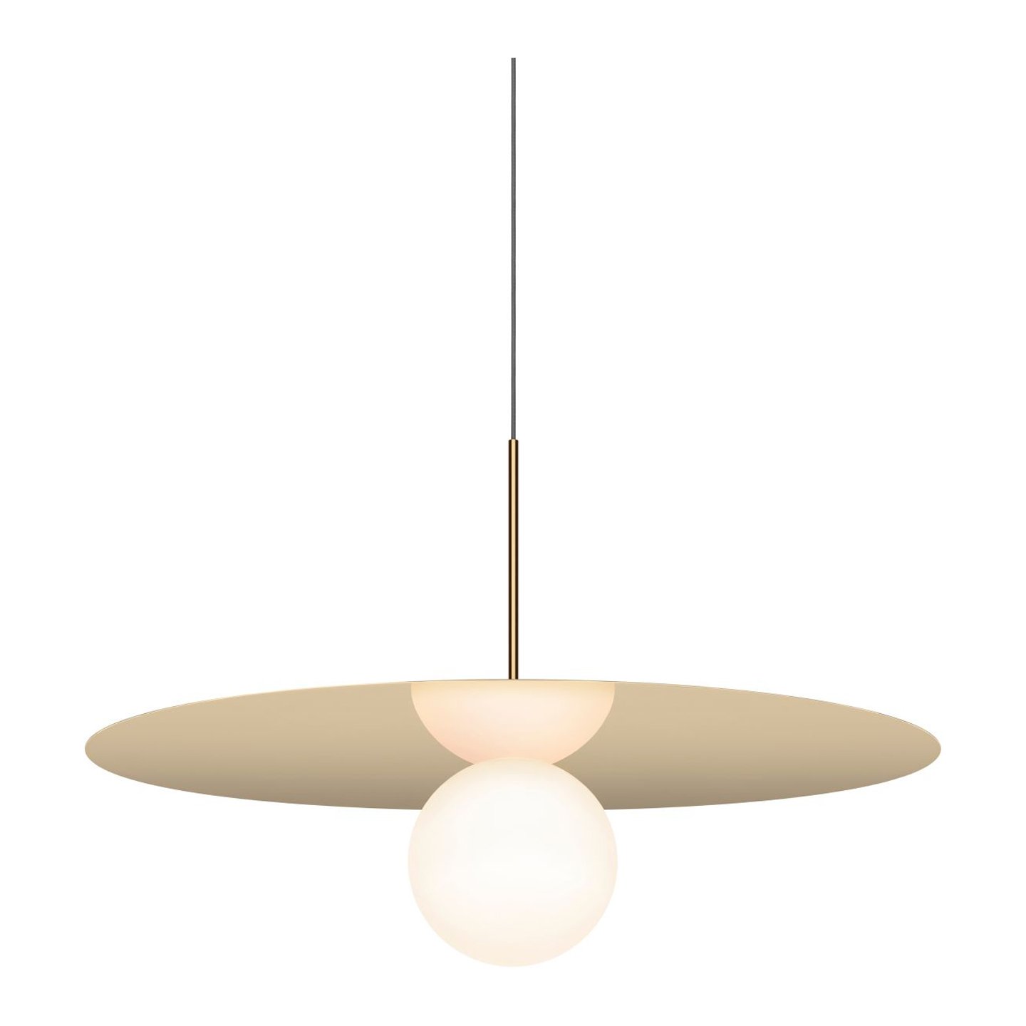 Haworth Bola DIsc Lighting with metal disc above light bulb with wire coming down
