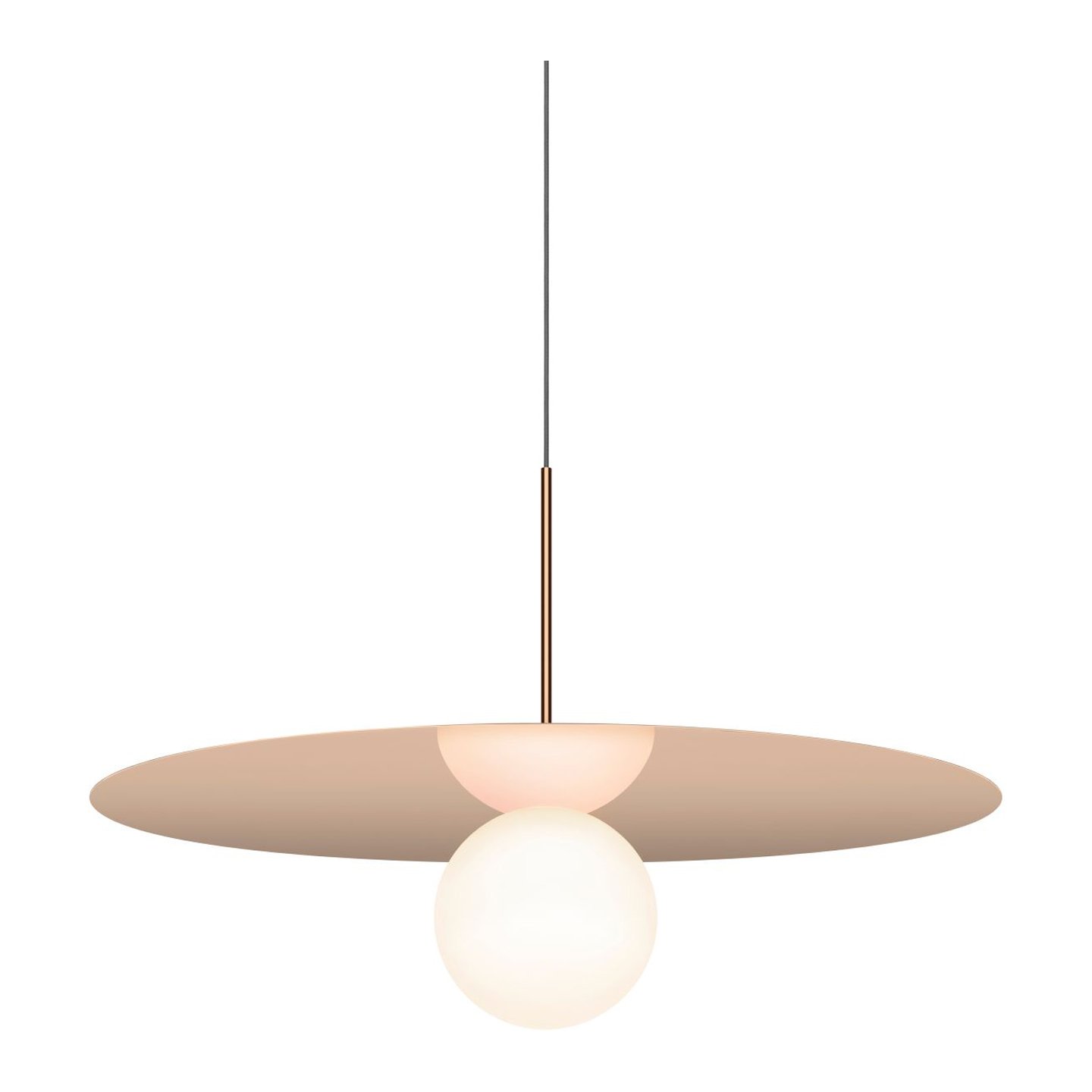 Haworth Bola DIsc Lighting with metal disc above light bulb with wire coming down