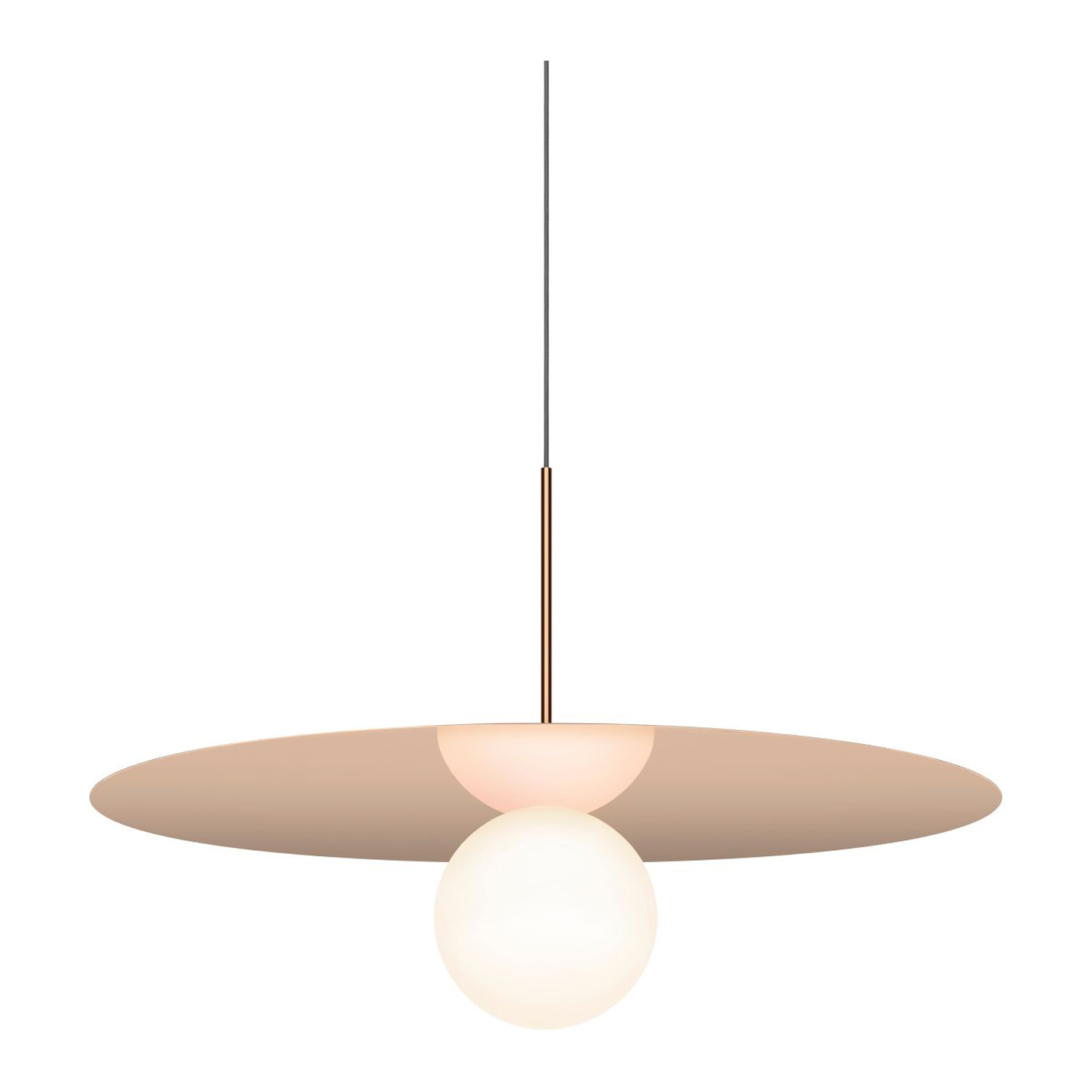 Haworth Bola DIsc Lighting with metal disc above light bulb with wire coming down