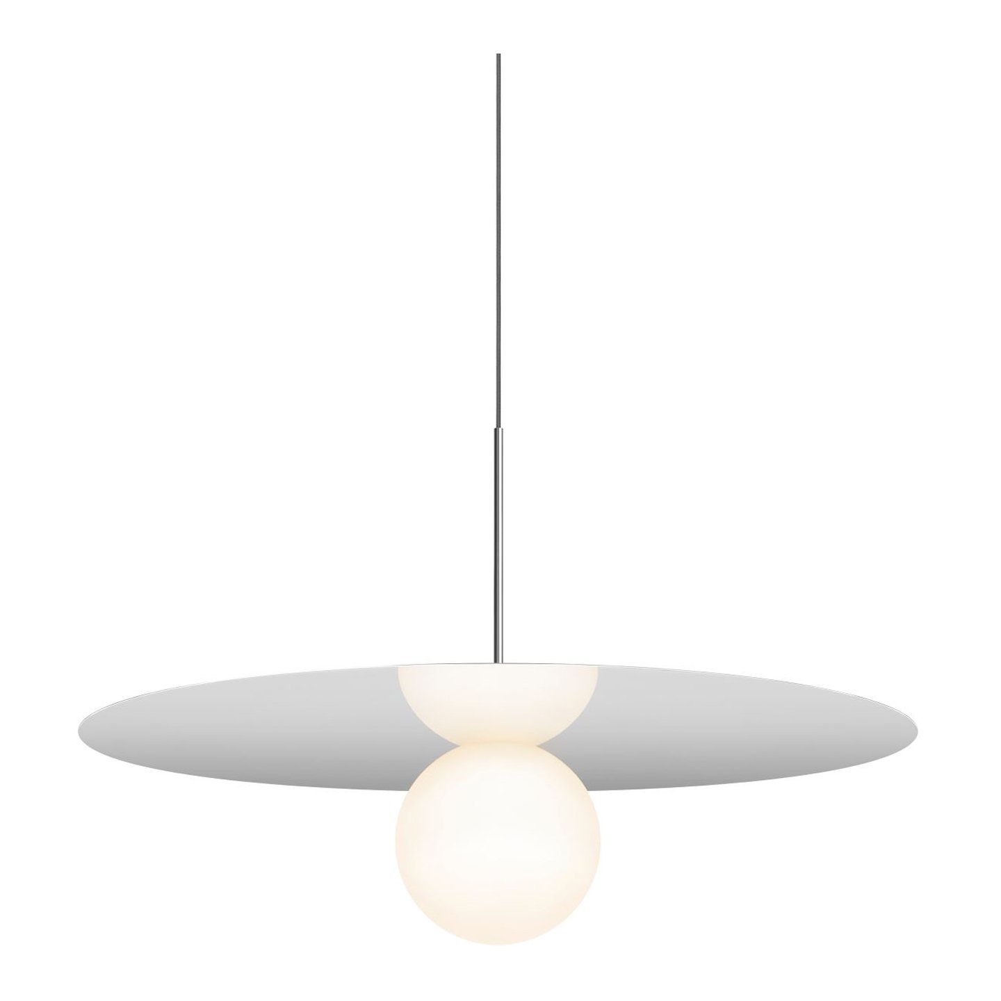 Haworth Bola DIsc Lighting with metal disc above light bulb with wire coming down