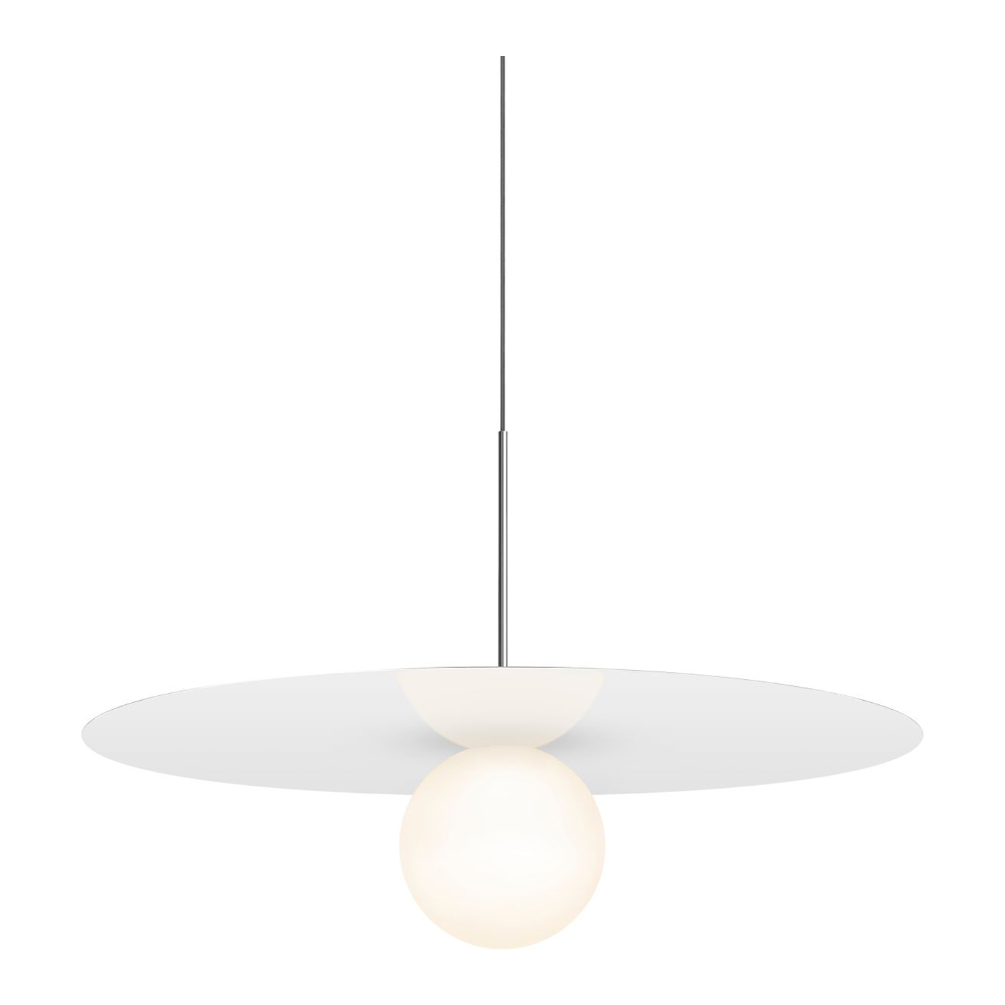 Haworth Bola DIsc Lighting with metal disc above light bulb with wire coming down