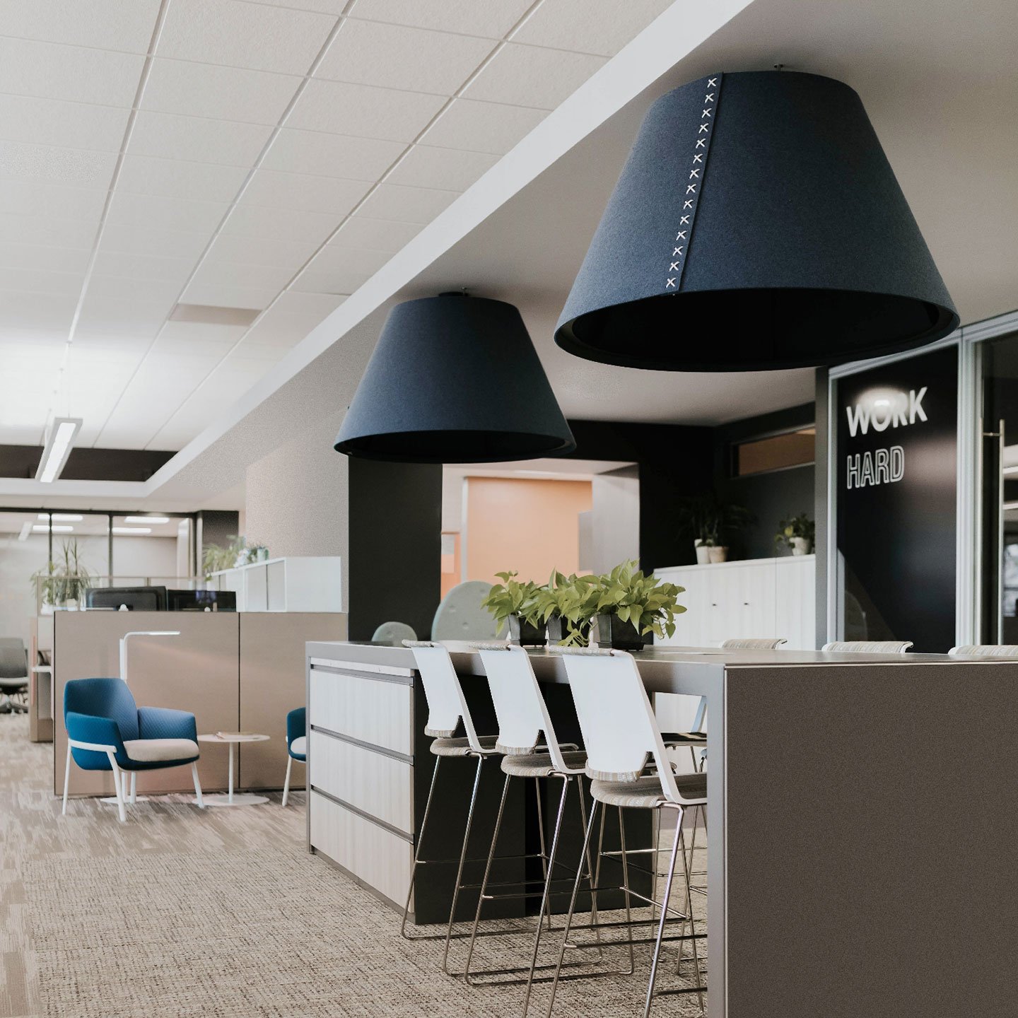 Haworth BuzziShade lighting in black above office collaboration area in open office setting