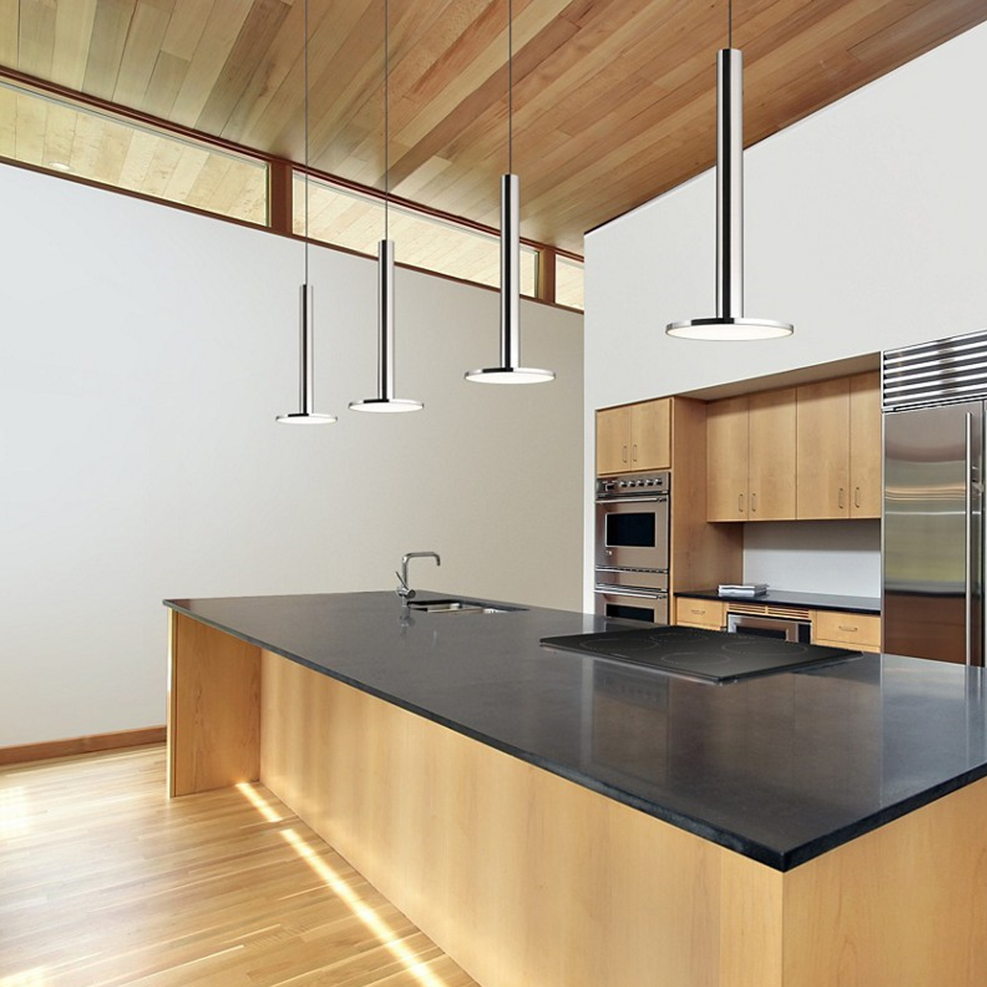 Haworth Cielo XL Lighting in steel color hanging from home ceiling above kitchen with black table and wood cabinets