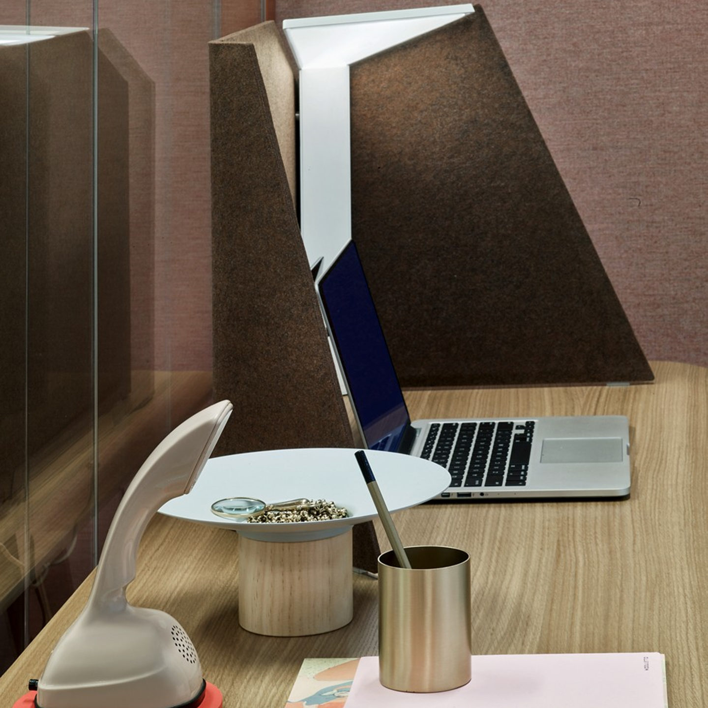 Haworth Corner Office Lighting on wood desk with laptop and speaker on desk 