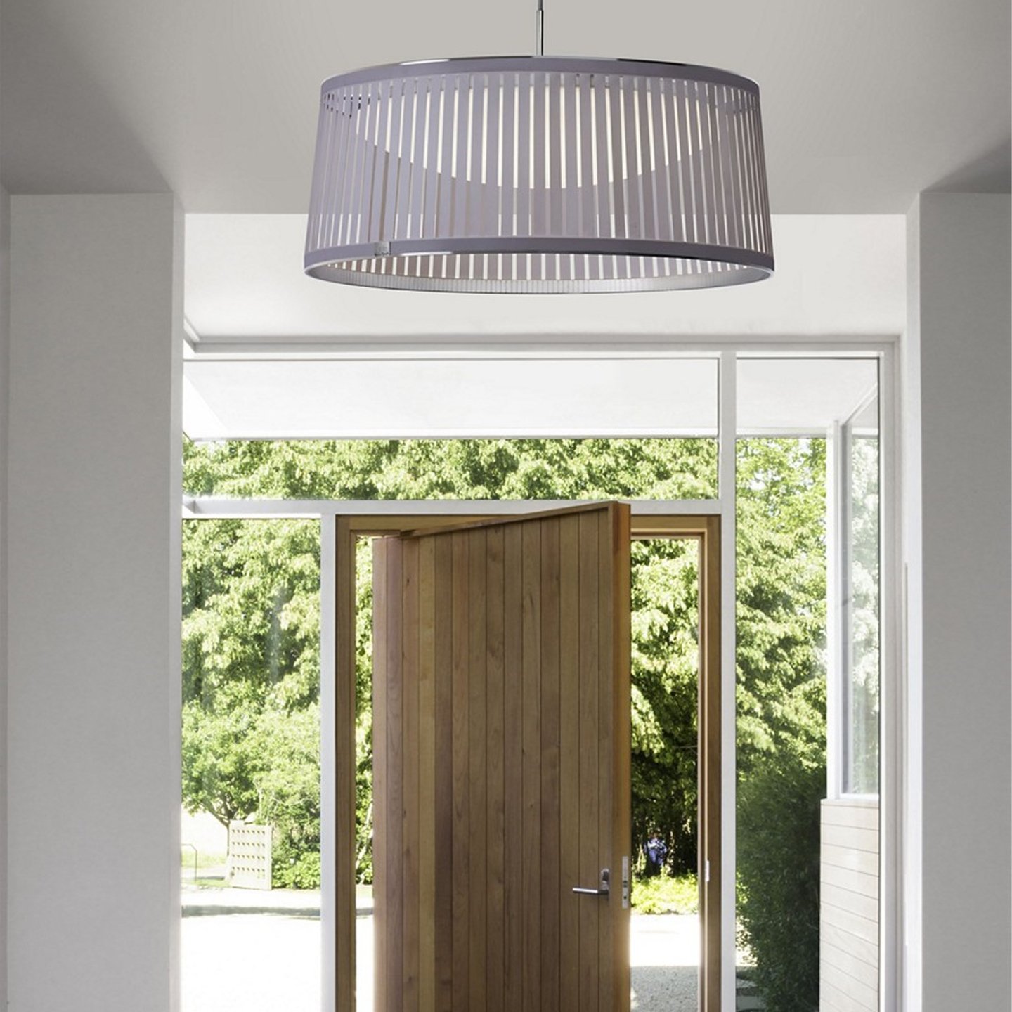 Haworth Solis Drum Lighting in grey color above home entry walkway