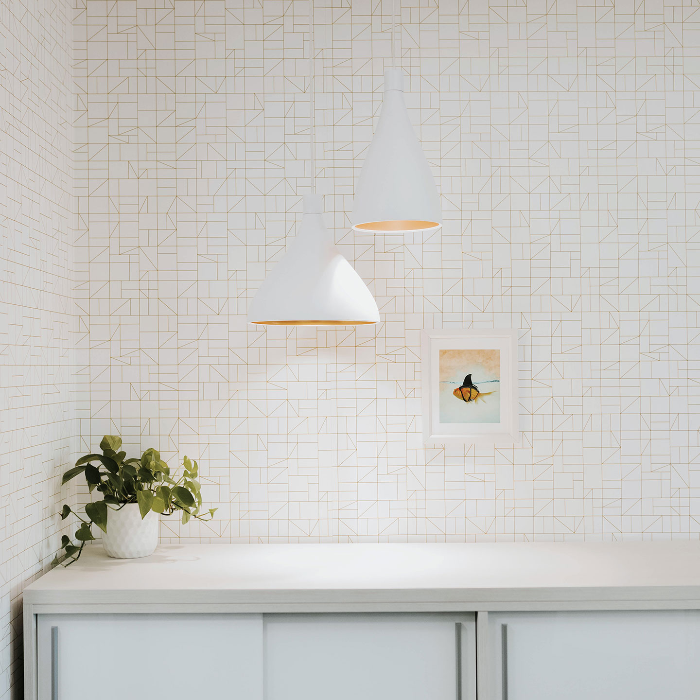 Haworth Swell Lighting in white color above white storage space in office