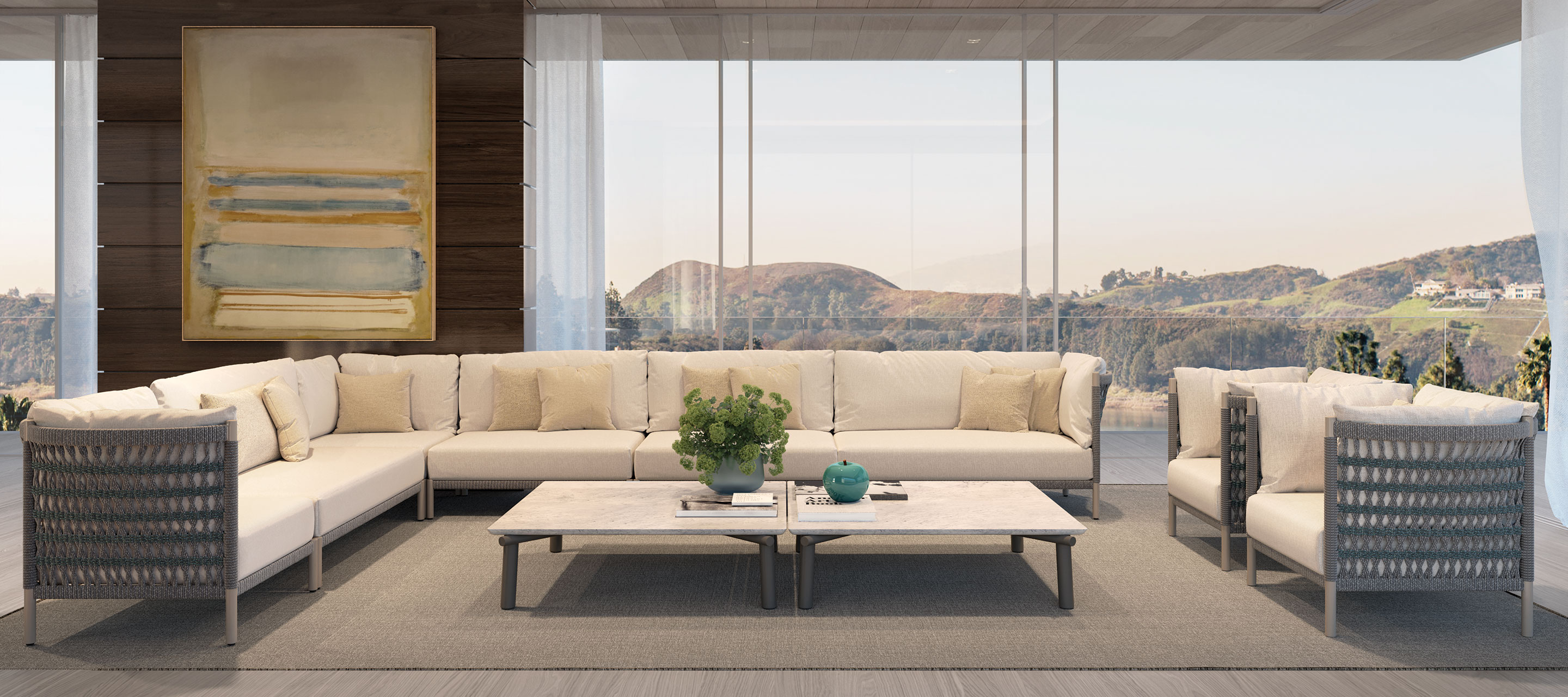 Haworth Anatra lounge sofa and chairs in cream upholstery and woven sides and back front view/