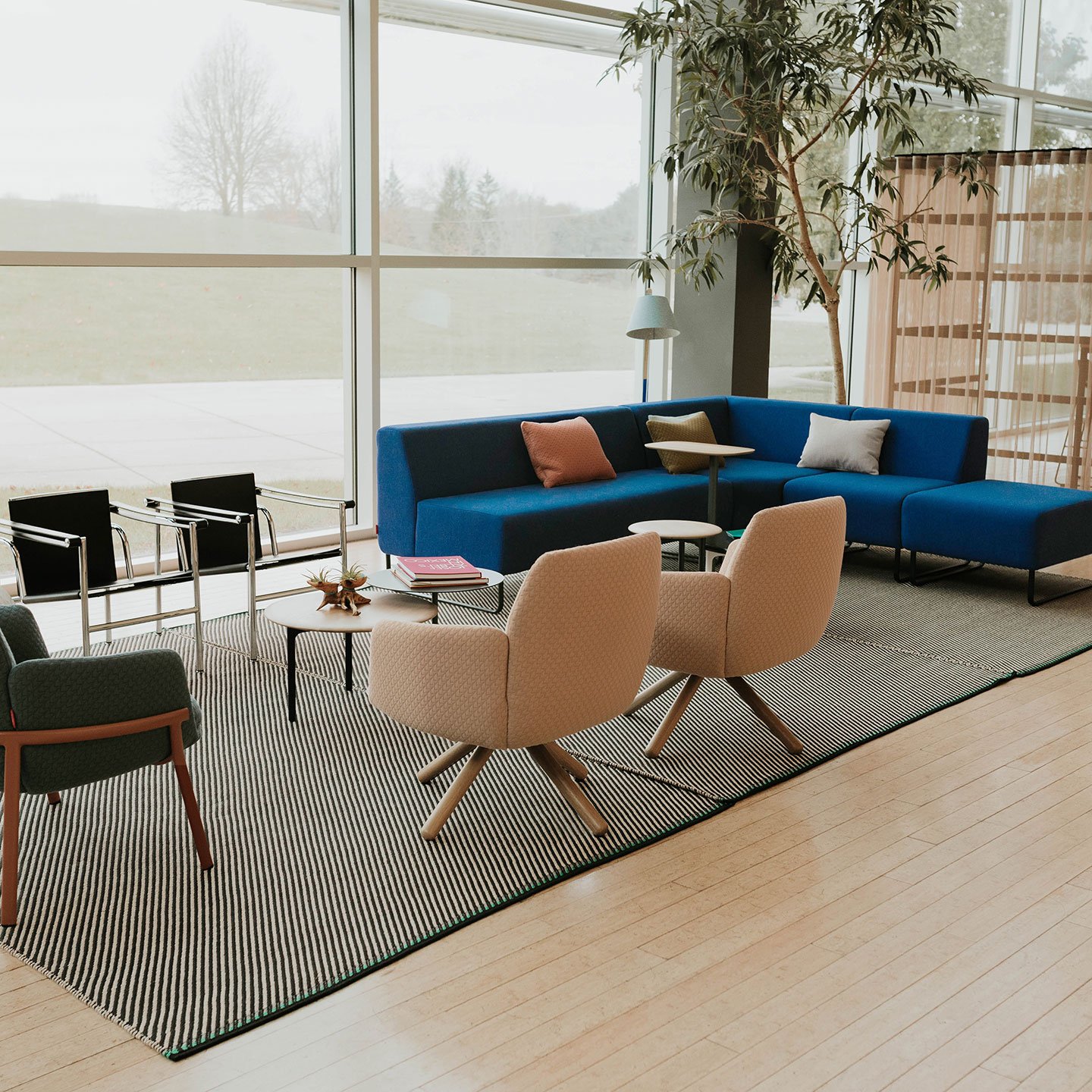 Haworth Diagonales Rug in white and blue color under office furniture in open office space with blue couch and multiple chairs