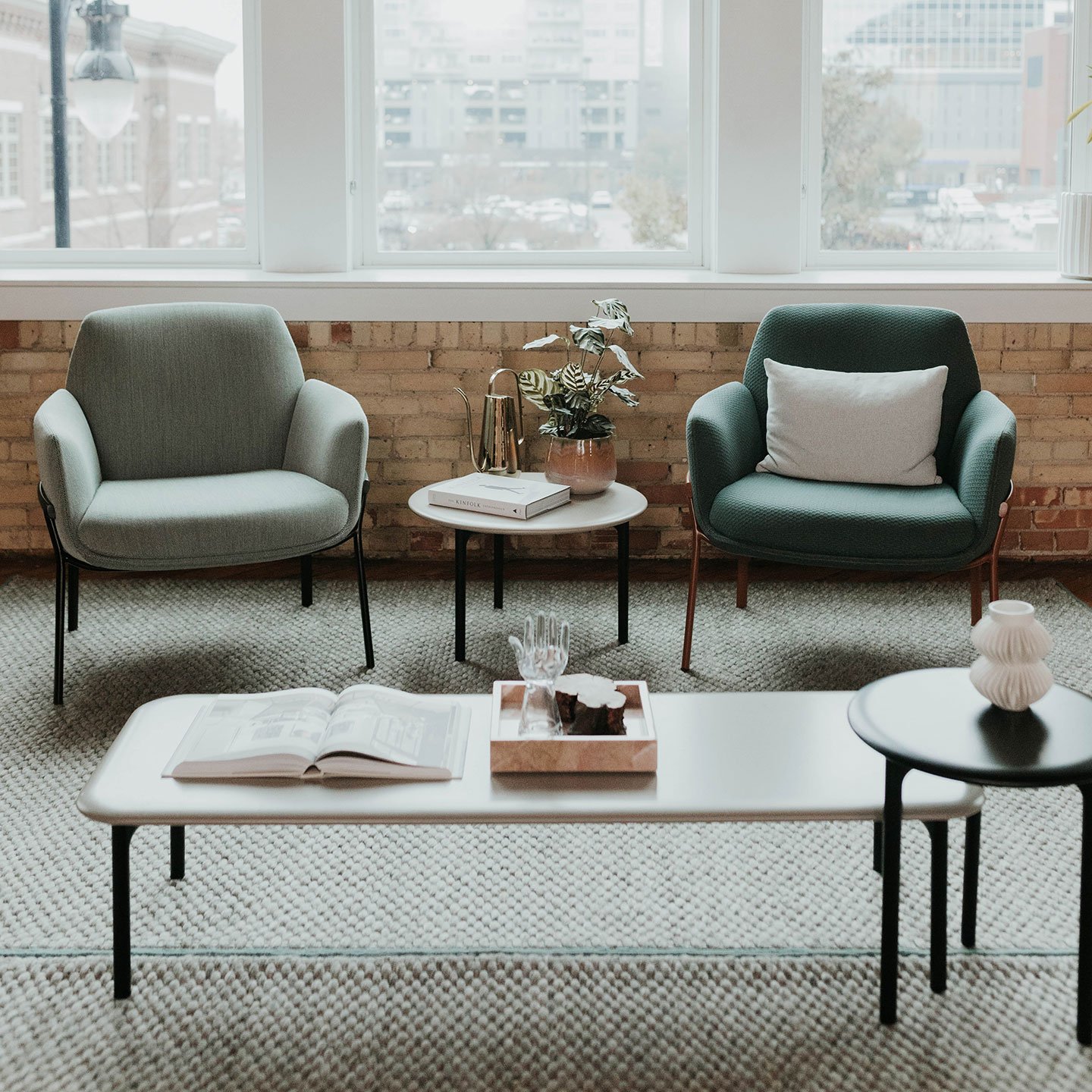 Haworth Mangas Natural Rug in white and green color with plain pattern under grey table and green couches in open space