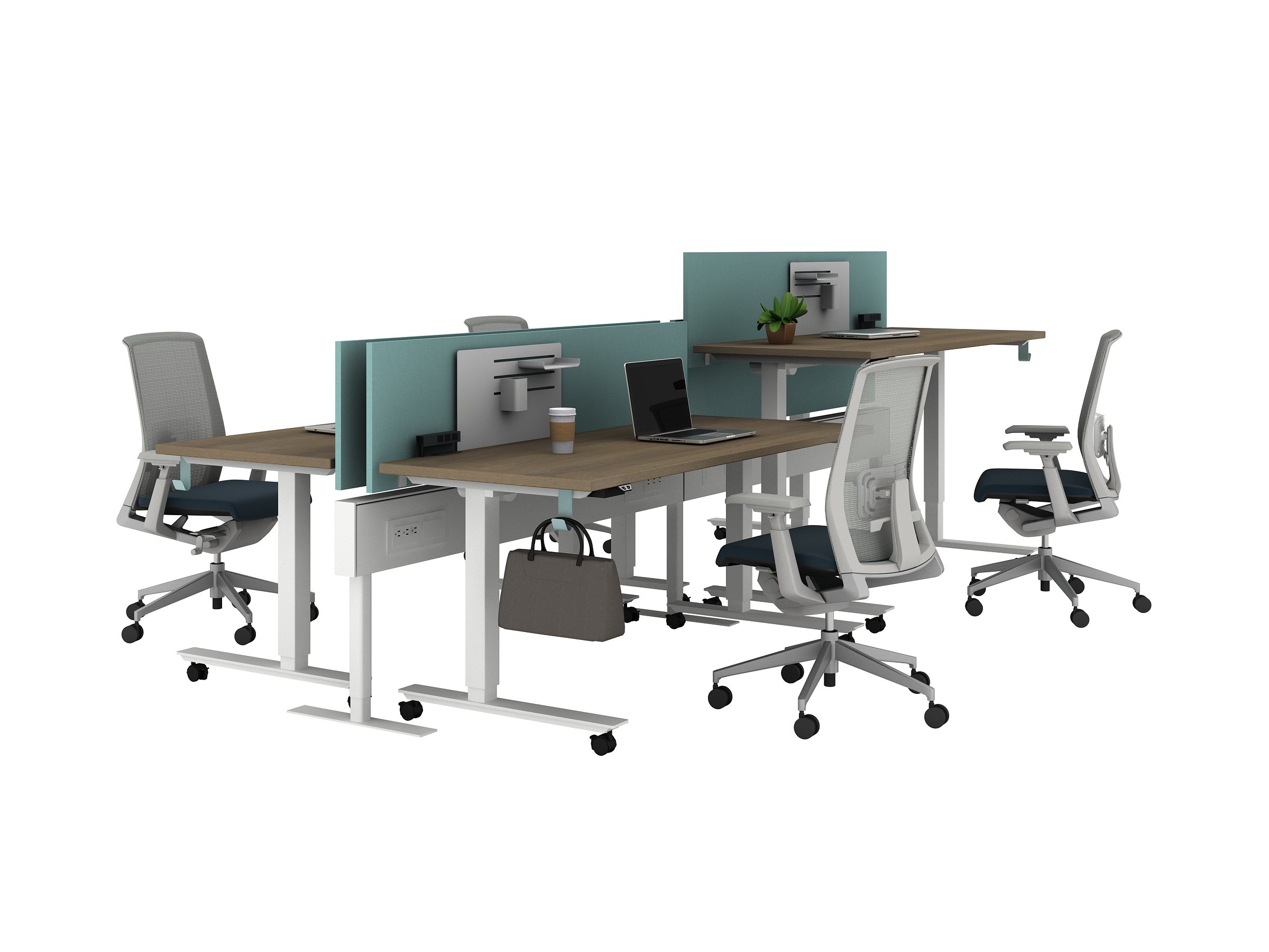 Haworth Belong Plus Screen in blue color dividing height adjustable tables