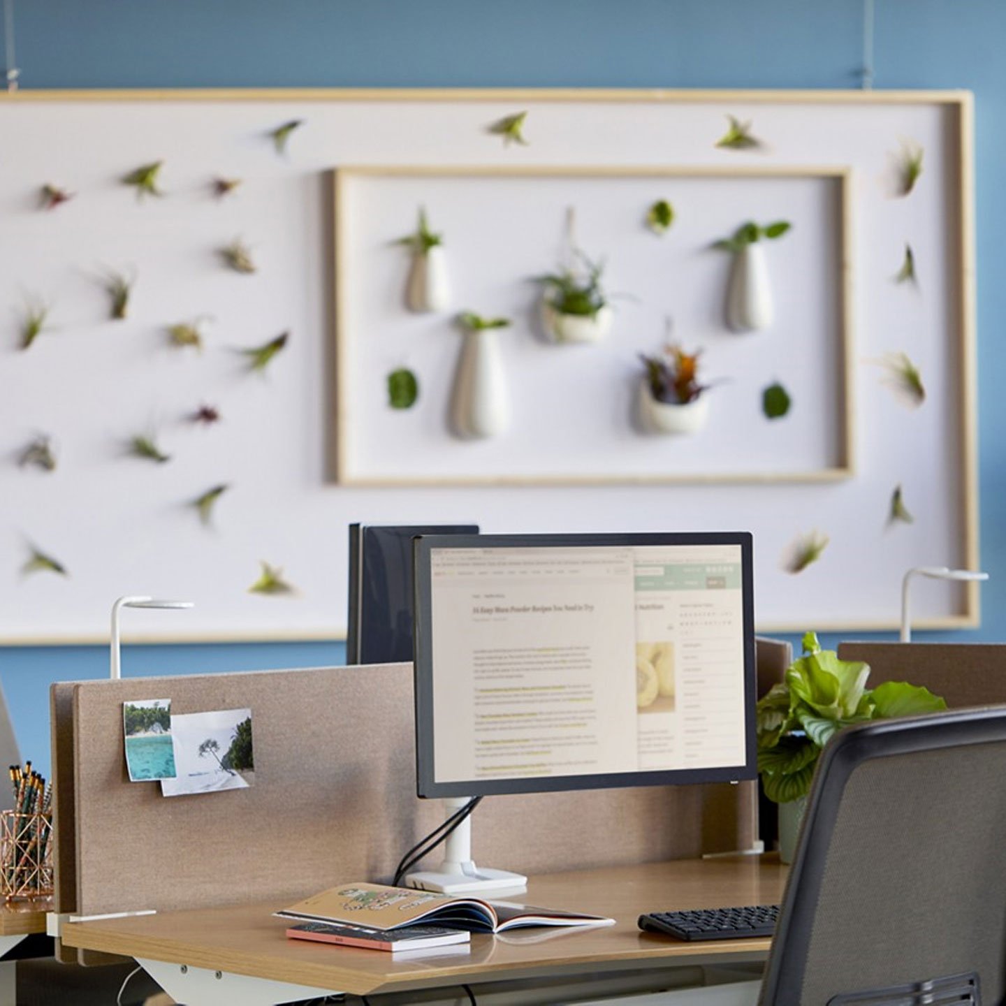 Haworth Belong Screen in etch brown color on office desk with monitor and keyboard on it