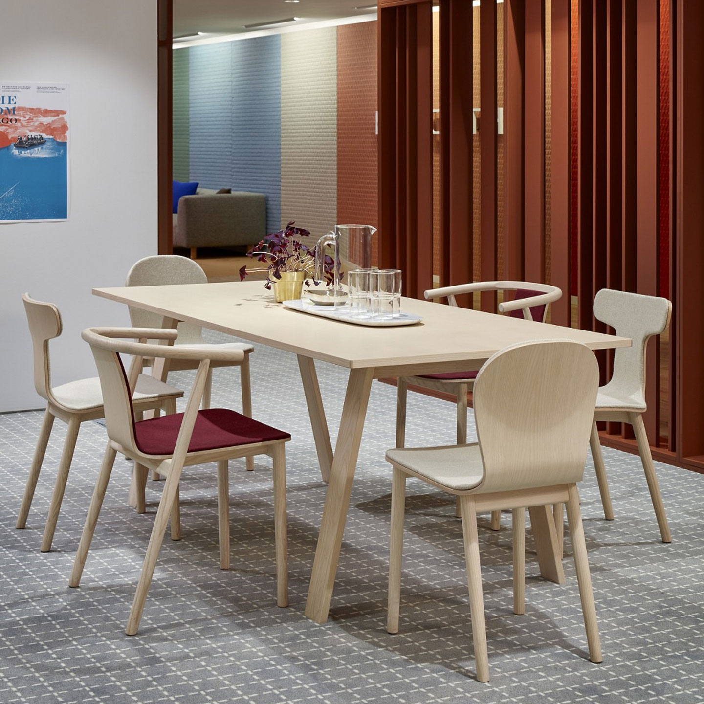 Haworth Bac Two side chairs in light brown wood at a dining table