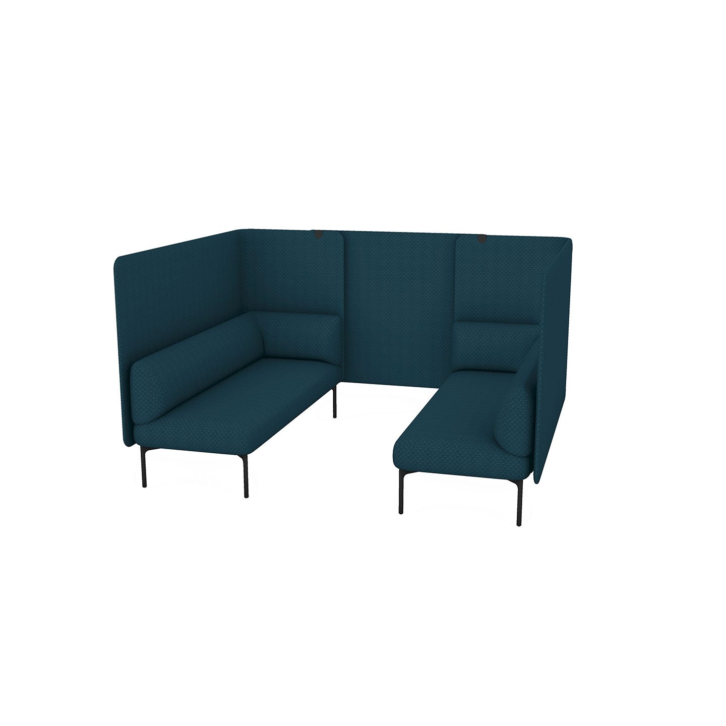 Haworth Cabana lounge connector screen in teal blue color connecting two lounges in a private space