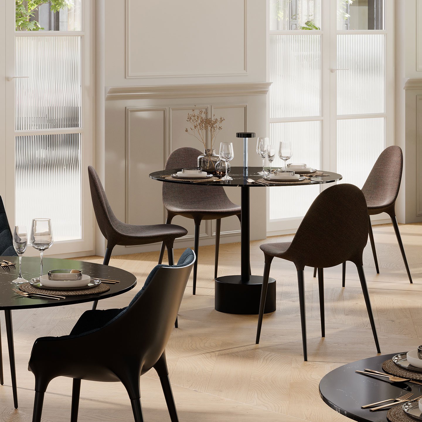 Haworth Caprice chairs in brown color around small round dining tables in a restaurant
