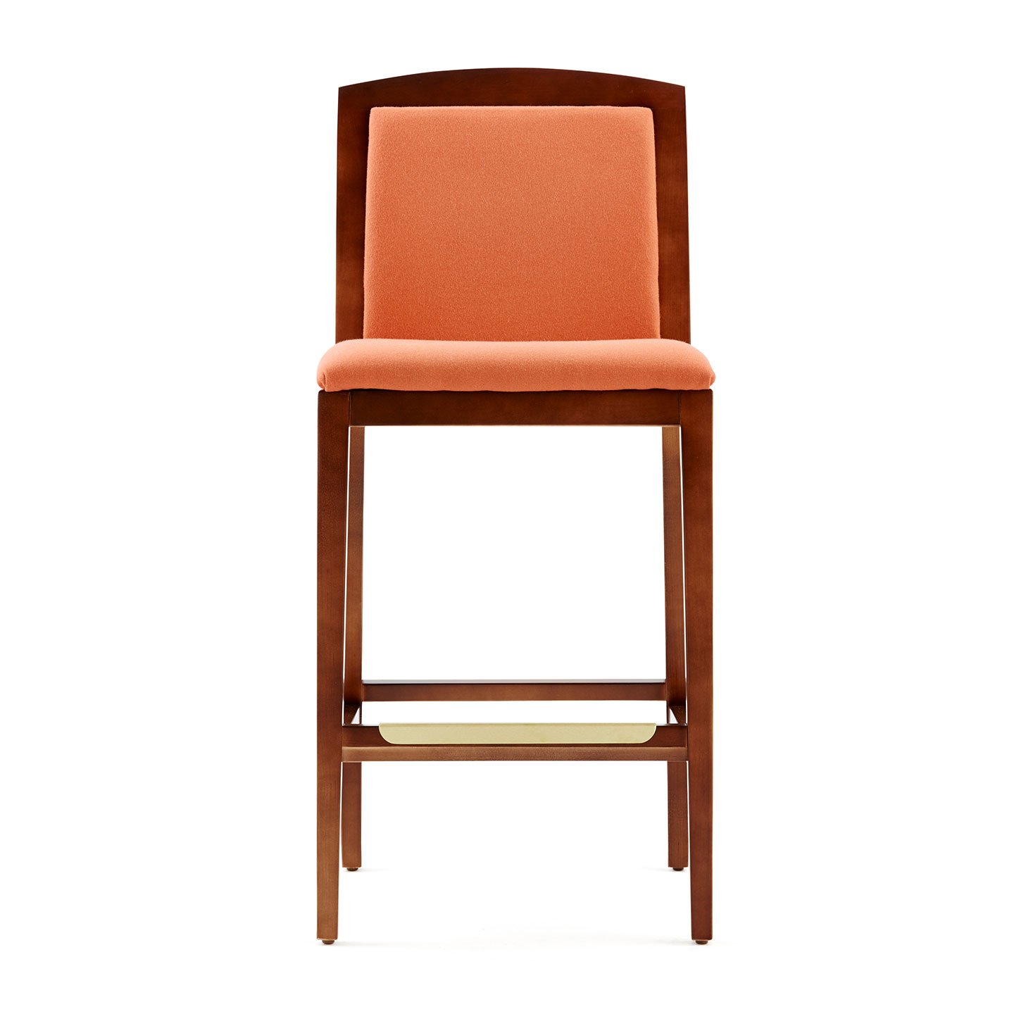 Haworth Composites stool in orange fabric and dark wooden body and legs