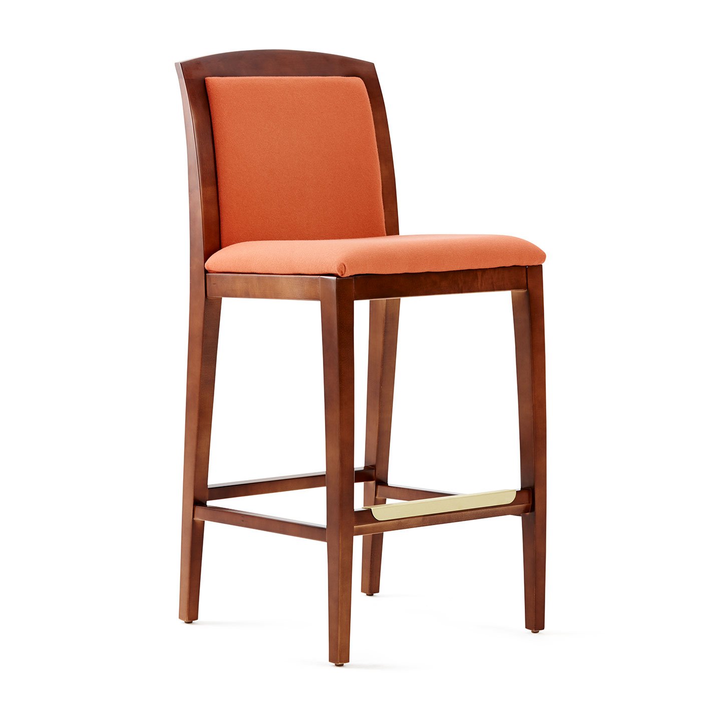 Haworth Composites stool in orange fabric, dark wood body and legs seen from an angle