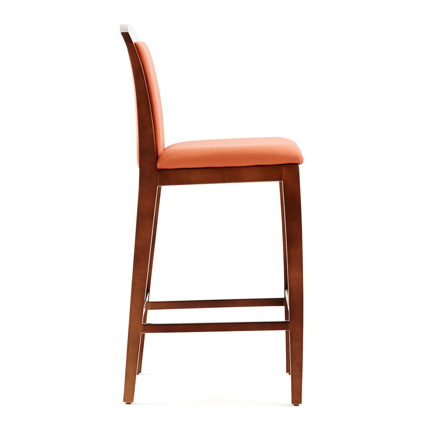 Haworth Composites stool in orange fabric, dark wood body and legs seen from the side angle