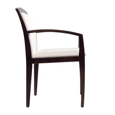 Haworth Composites Guest chair in off white and dark wood as seen from the side angle