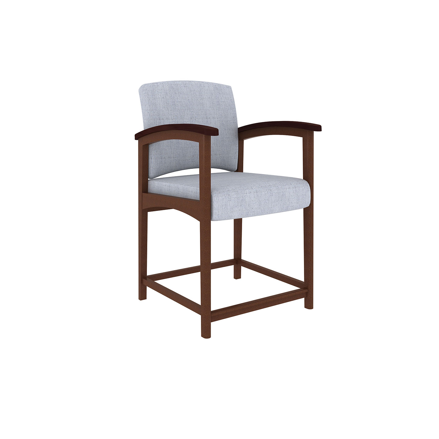 Haworth Conover hip chair in blue upholstery and dark brown wood body