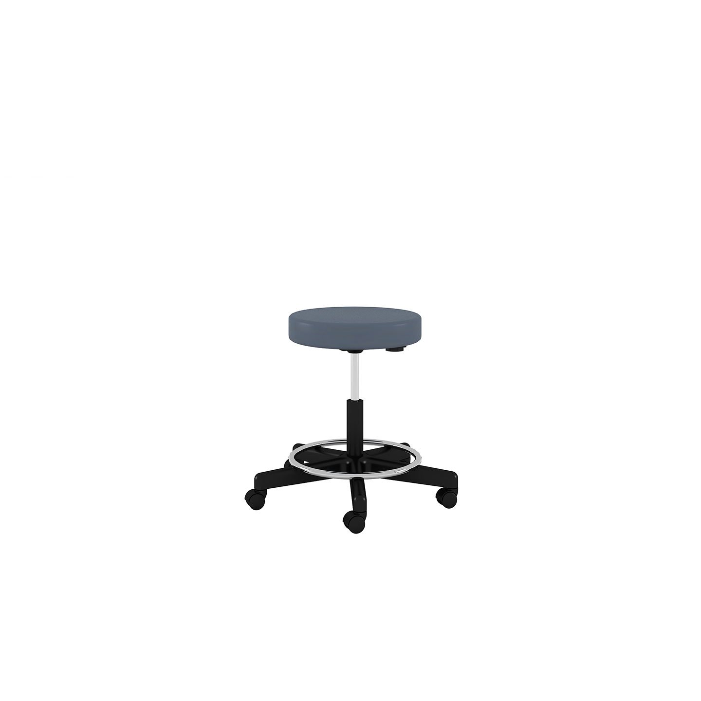Haworth Exam stool in a greyish blue seating with a swivel base and wheels