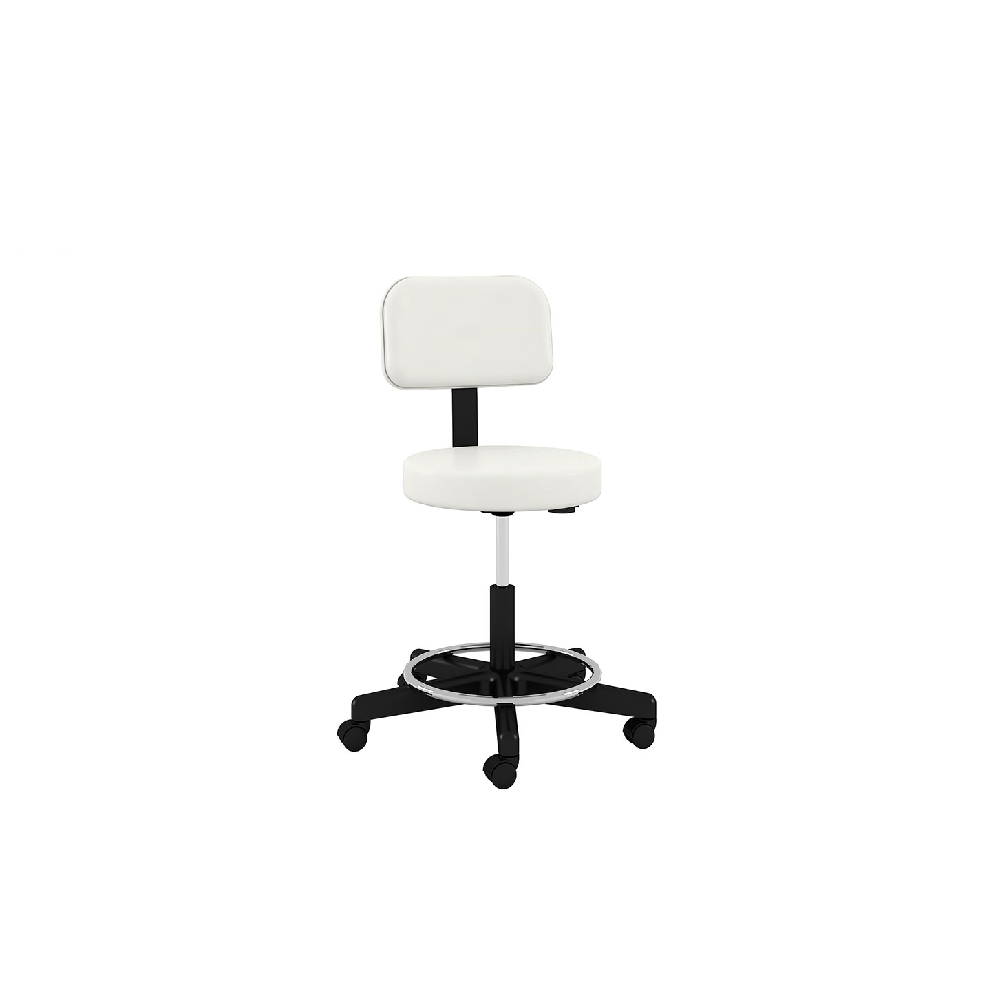 Haworth Exam stool in white upholstery, back rest, swivel base and wheels