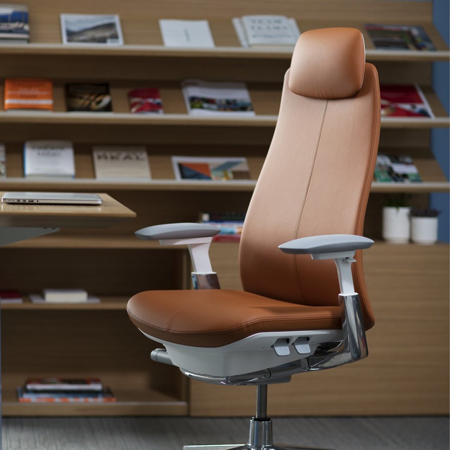 Haworth Fern Executive Task chair in brown leather in a office room