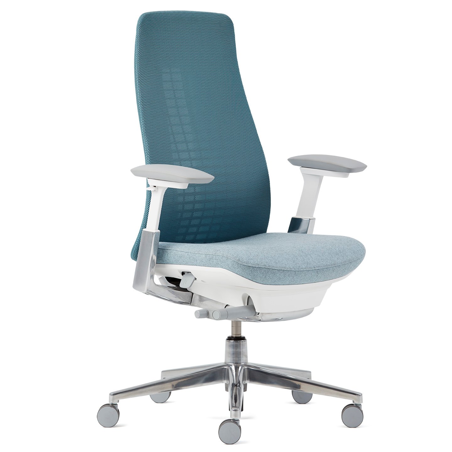 Haworth Fern Task chair in shades of blue upholstery with swivel base, wheels and ergonomic design
