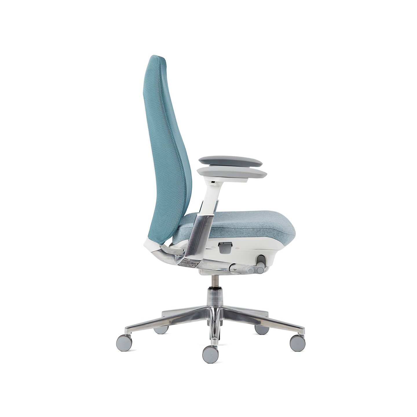 Haworth Fern Task chair in blue upholstery as seen from the side view