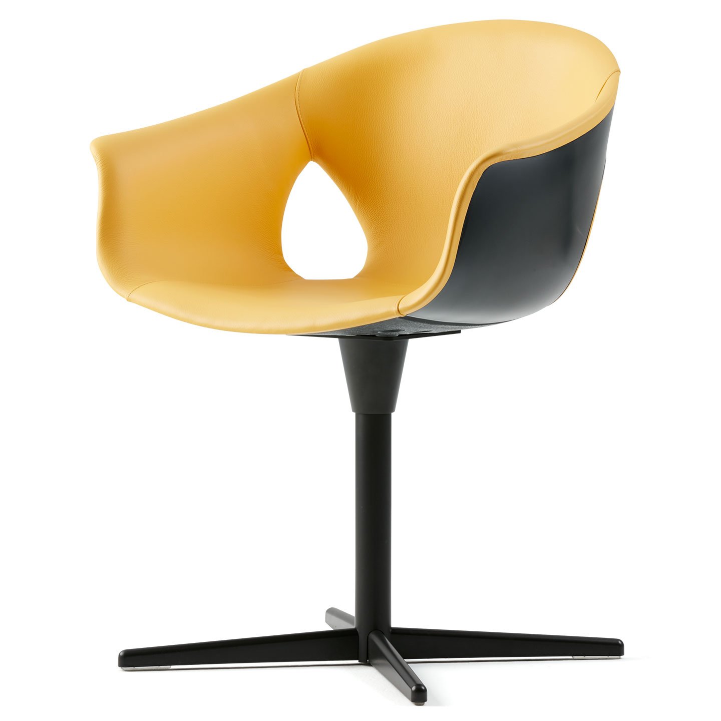 Haworth Ginger Ale chair in yellow leather upholstery and black exterior with vertical standing base in a side view