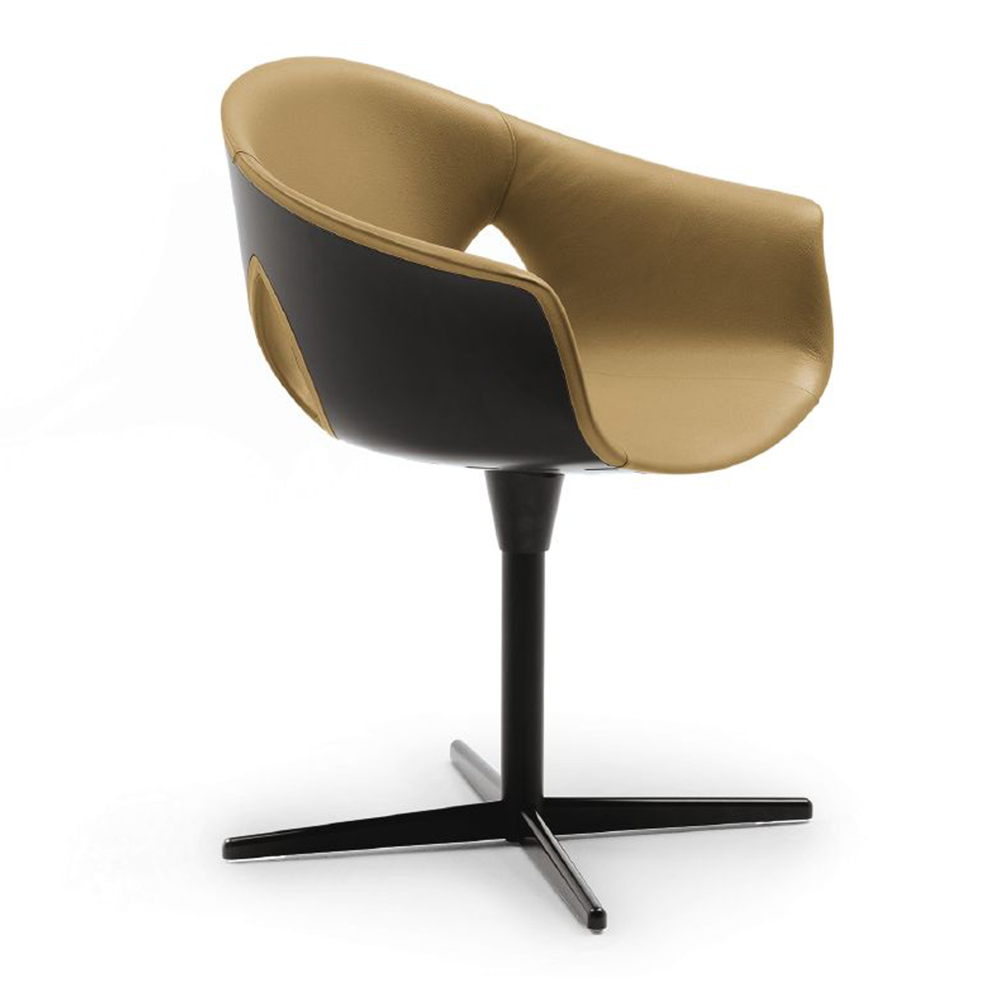 Haworth Ginger Ale chair in mustard leather upholstery and black exterior side view
