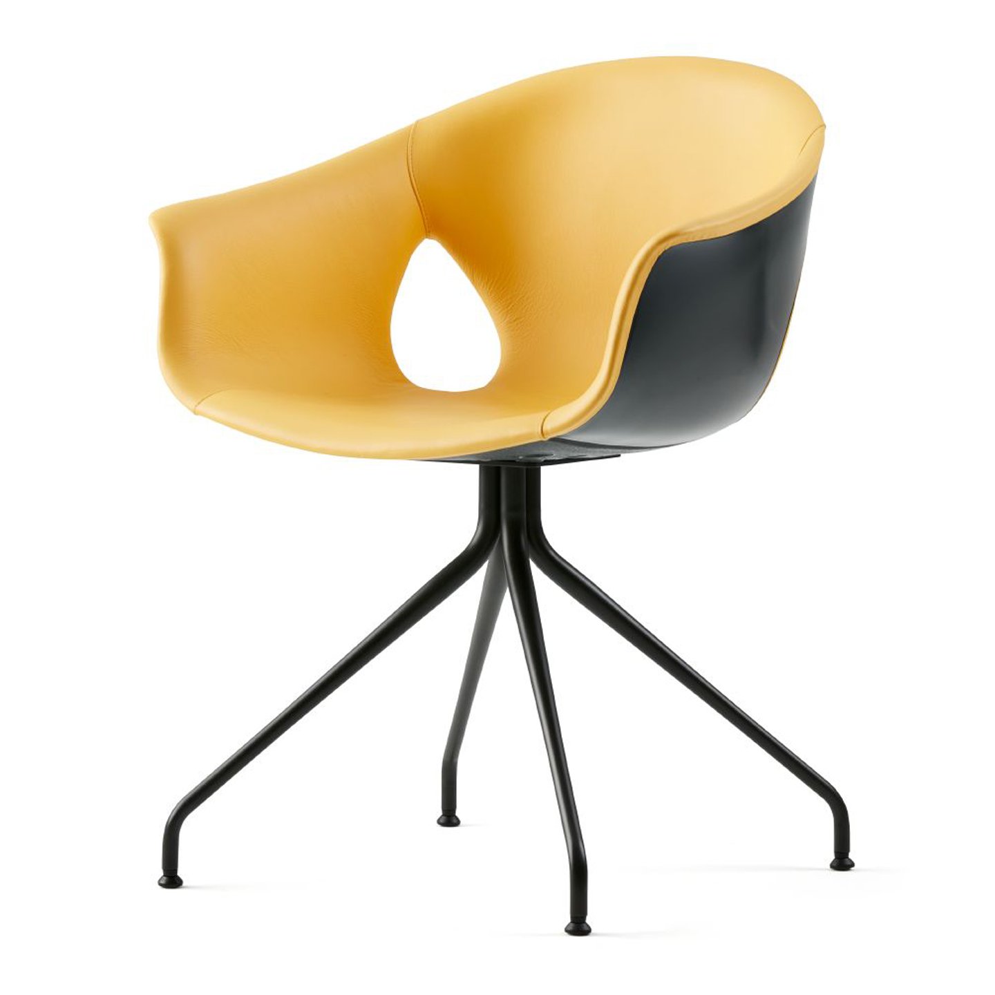 Haworth Ginger Ale chair in mustard leather upholstery and black exterior and metal legs in a side view
