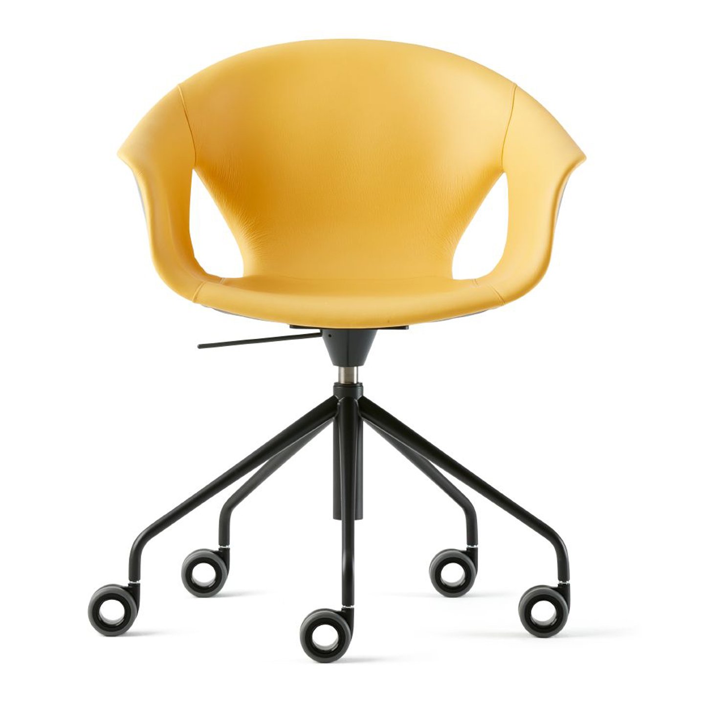 Haworth Ginger Ale chair in mustard leather upholstery and black exterior with wheels in a front view