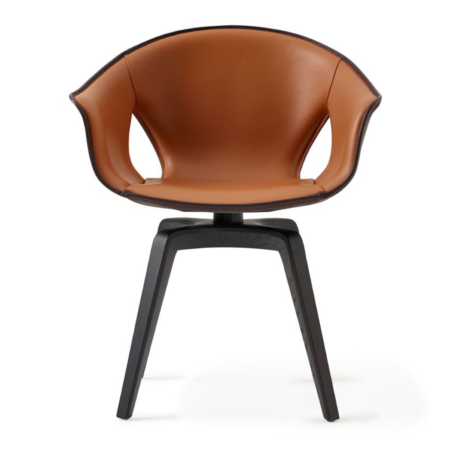 Haworth Ginger chair in orange upholstery and brown exterior front view
