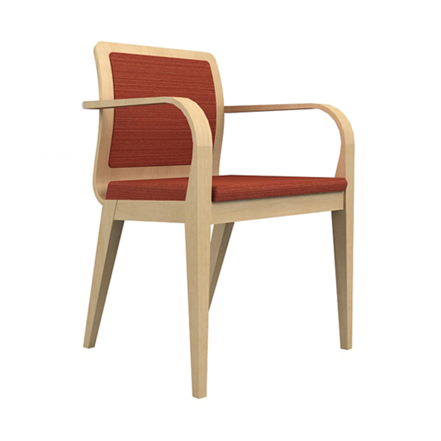 Haworth Hello side chair with red fabric upholstery and light wood frame in a side view