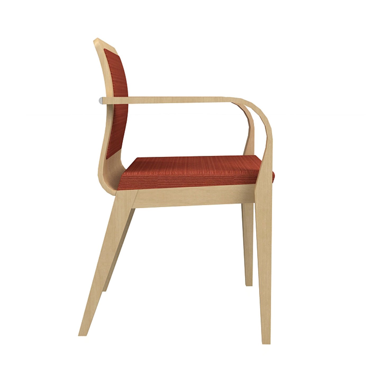 Haworth Hello side chair in red fabric and light wood frame in a side view
